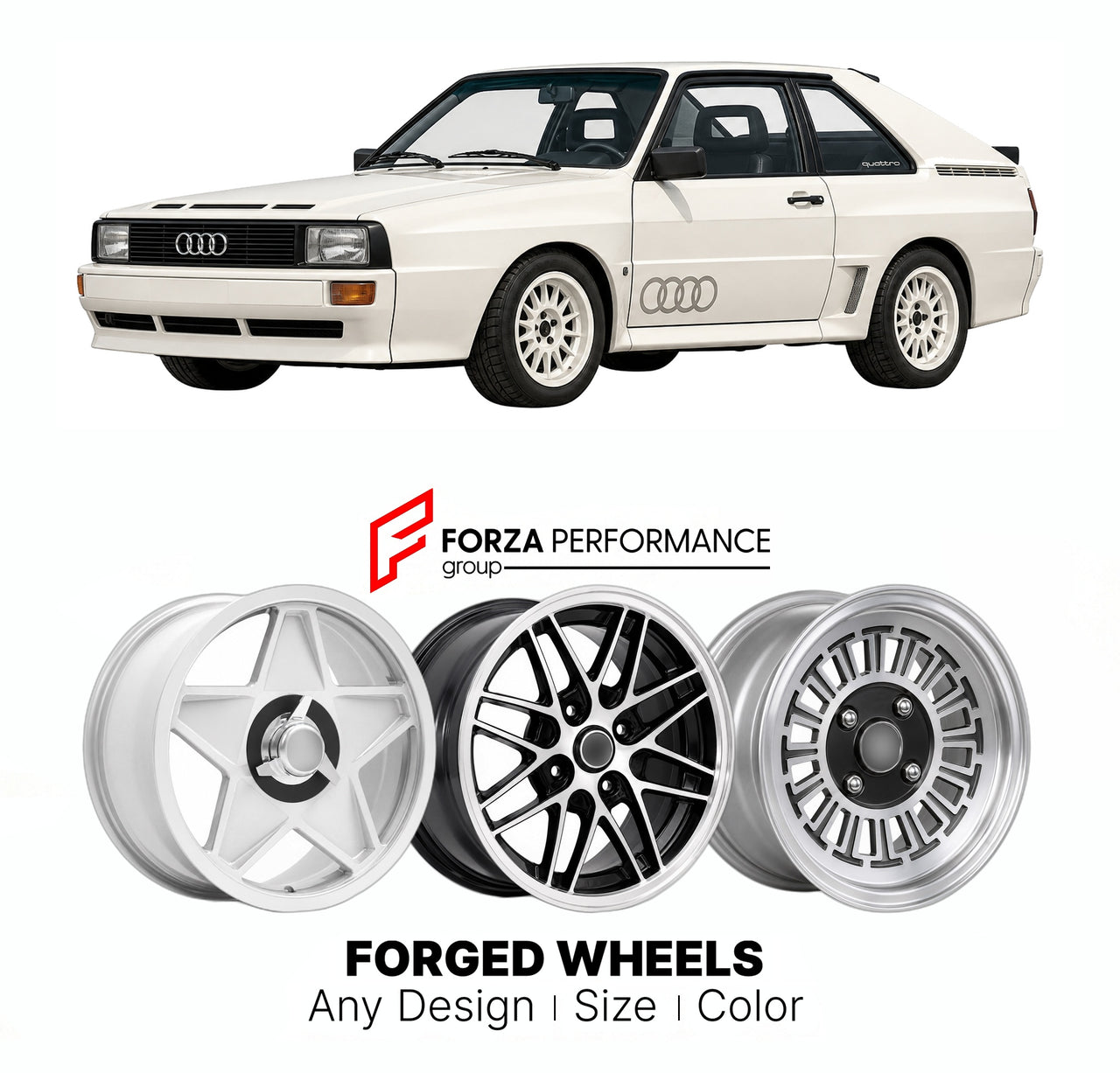 CUSTOM CLASSIC VINTAGE RESTOMOD RETRO OLD SCHOOL FORGED WHEELS RIMS for AUDI SPORT QUATTRO 1984 - 1985

Custom forged wheels for Audi Sport quattro 1984 - 1985. Classic, vintage, restomod wheel designs made to order in custom sizes, offsets, colors and finishes.

We manufacture premium quality forged wheels rims for Audi Sport quattro 1984 - 1985 in any design, size, color.

THIS WHEEL DESIGN CAN BE CUSTOM-MADE FOR YOUR CAR IN ANY SIZE AND COLOR OPTIONS
Available in monoblock, 2-piece, 3-piece, duoblock, be