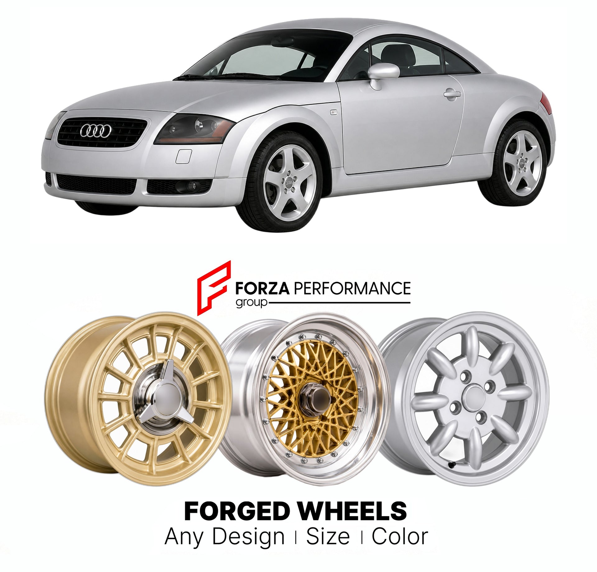CUSTOM CLASSIC VINTAGE RESTOMOD RETRO OLD SCHOOL FORGED WHEELS RIMS for AUDI TT 8N COUPE 1998 - 2006

Custom forged wheels for Audi TT 8N Coupe 1998 - 2006. Classic, vintage, restomod wheel designs made to order in custom sizes, offsets, colors and finishes.

We manufacture premium quality forged wheels rims for Audi TT 8N Coupe 1998 - 2006 in any design, size, color.

THIS WHEEL DESIGN CAN BE CUSTOM-MADE FOR YOUR CAR IN ANY SIZE AND COLOR OPTIONS
Available in monoblock, 2-piece, 3-piece, duoblock, beadlock