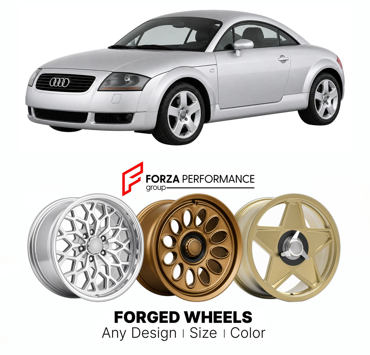 CUSTOM CLASSIC VINTAGE RESTOMOD RETRO OLD SCHOOL FORGED WHEELS RIMS for AUDI TT MK 1 TYPE 8N 1998 - 2006

Custom forged wheels for Audi TT MK 1 Type 8N 1998 - 2006. Classic, vintage, restomod wheel designs made to order in custom sizes, offsets, colors and finishes.

We manufacture premium quality forged wheels rims for Audi TT MK 1 Type 8N 1998 - 2006 in any design, size, color.

THIS WHEEL DESIGN CAN BE CUSTOM-MADE FOR YOUR CAR IN ANY SIZE AND COLOR OPTIONS
Available in monoblock, 2-piece, 3-piece, duoblo