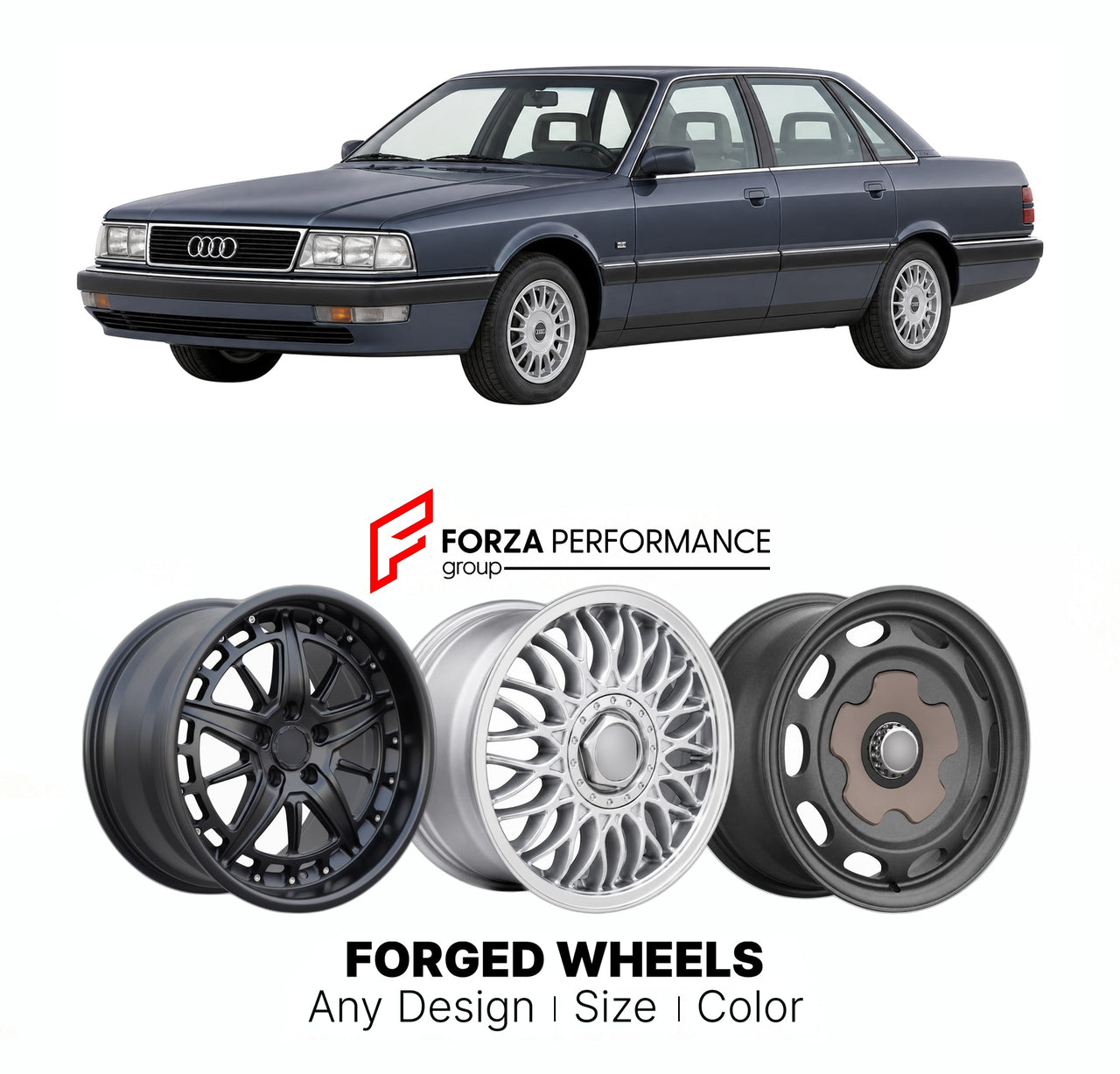 CUSTOM CLASSIC VINTAGE RESTOMOD RETRO OLD SCHOOL FORGED WHEELS RIMS for AUDI V8 D11 1988 - 1994

Custom forged wheels for Audi V8 D11 1988 - 1994. Classic, vintage, restomod wheel designs made to order in custom sizes, offsets, colors and finishes.

We manufacture premium quality forged wheels rims for Audi V8 D11 1988 - 1994 in any design, size, color.

THIS WHEEL DESIGN CAN BE CUSTOM-MADE FOR YOUR CAR IN ANY SIZE AND COLOR OPTIONS
Available in monoblock, 2-piece, 3-piece, duoblock, beadlock
3D wheel rende