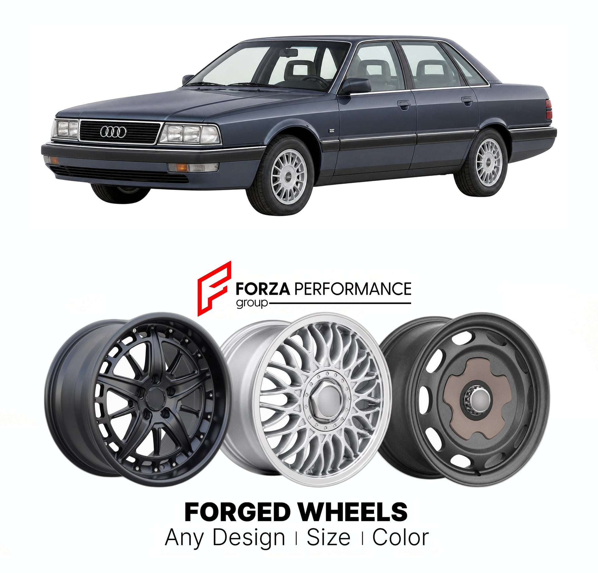 CUSTOM CLASSIC VINTAGE RESTOMOD RETRO OLD SCHOOL FORGED WHEELS RIMS for AUDI V8 D11 1988 - 1994

Custom forged wheels for Audi V8 D11 1988 - 1994. Classic, vintage, restomod wheel designs made to order in custom sizes, offsets, colors and finishes.

We manufacture premium quality forged wheels rims for Audi V8 D11 1988 - 1994 in any design, size, color.

THIS WHEEL DESIGN CAN BE CUSTOM-MADE FOR YOUR CAR IN ANY SIZE AND COLOR OPTIONS
Available in monoblock, 2-piece, 3-piece, duoblock, beadlock
3D wheel rende