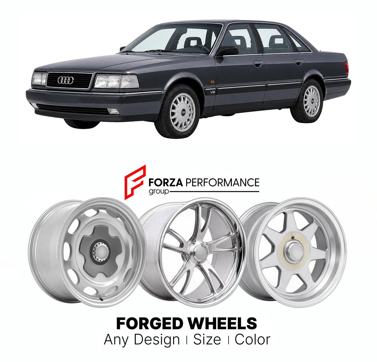 CUSTOM CLASSIC VINTAGE RESTOMOD RETRO OLD SCHOOL FORGED WHEELS RIMS for AUDI V8 D1 1988 - 1993

Custom forged wheels for Audi V8 D1 1988 - 1993. Classic, vintage, restomod wheel designs made to order in custom sizes, offsets, colors and finishes.

We manufacture premium quality forged wheels rims for Audi V8 D1 1988 - 1993 in any design, size, color.

THIS WHEEL DESIGN CAN BE CUSTOM-MADE FOR YOUR CAR IN ANY SIZE AND COLOR OPTIONS
Available in monoblock, 2-piece, 3-piece, duoblock, beadlock
3D wheel renderin