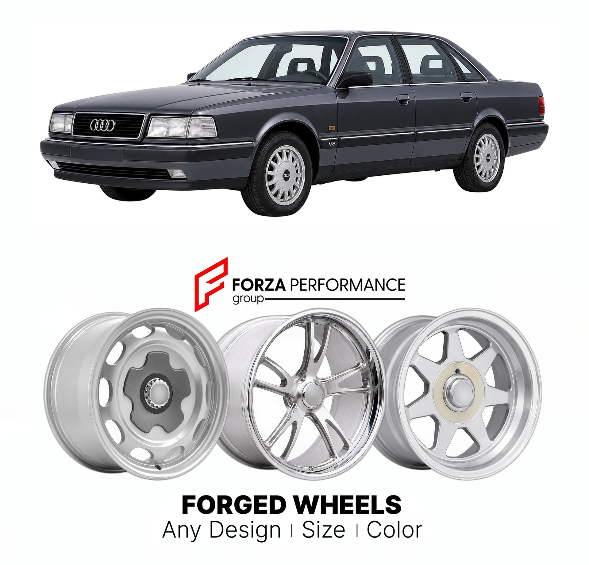 CUSTOM CLASSIC VINTAGE RESTOMOD RETRO OLD SCHOOL FORGED WHEELS RIMS for AUDI V8 D1 1988 - 1993

Custom forged wheels for Audi V8 D1 1988 - 1993. Classic, vintage, restomod wheel designs made to order in custom sizes, offsets, colors and finishes.

We manufacture premium quality forged wheels rims for Audi V8 D1 1988 - 1993 in any design, size, color.

THIS WHEEL DESIGN CAN BE CUSTOM-MADE FOR YOUR CAR IN ANY SIZE AND COLOR OPTIONS
Available in monoblock, 2-piece, 3-piece, duoblock, beadlock
3D wheel renderin