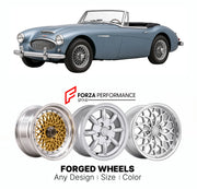 CUSTOM CLASSIC VINTAGE RESTOMOD RETRO OLD SCHOOL FORGED WHEELS RIMS for AUSTIN-HEALEY 3000 MK II 1961 - 1963

Custom forged wheels for Austin-Healey 3000 MK II 1961 - 1963. Classic, vintage, restomod wheel designs made to order in custom sizes, offsets, colors and finishes.

We manufacture premium quality forged wheels rims for Austin-Healey 3000 MK II 1961 - 1963 in any design, size, color.

THIS WHEEL DESIGN CAN BE CUSTOM-MADE FOR YOUR CAR IN ANY SIZE AND COLOR OPTIONS
Available in monoblock, 2-piece, 3-p