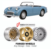 CUSTOM CLASSIC VINTAGE RESTOMOD RETRO OLD SCHOOL FORGED WHEELS RIMS for AUSTIN-HEALEY SPRITE MK I-IV 1958 - 1971

Custom forged wheels for Austin-Healey Sprite MK I-IV 1958 - 1971. Classic, vintage, restomod wheel designs made to order in custom sizes, offsets, colors and finishes.

We manufacture premium quality forged wheels rims for Austin-Healey Sprite MK I-IV 1958 - 1971 in any design, size, color.

THIS WHEEL DESIGN CAN BE CUSTOM-MADE FOR YOUR CAR IN ANY SIZE AND COLOR OPTIONS
Available in monoblock, 