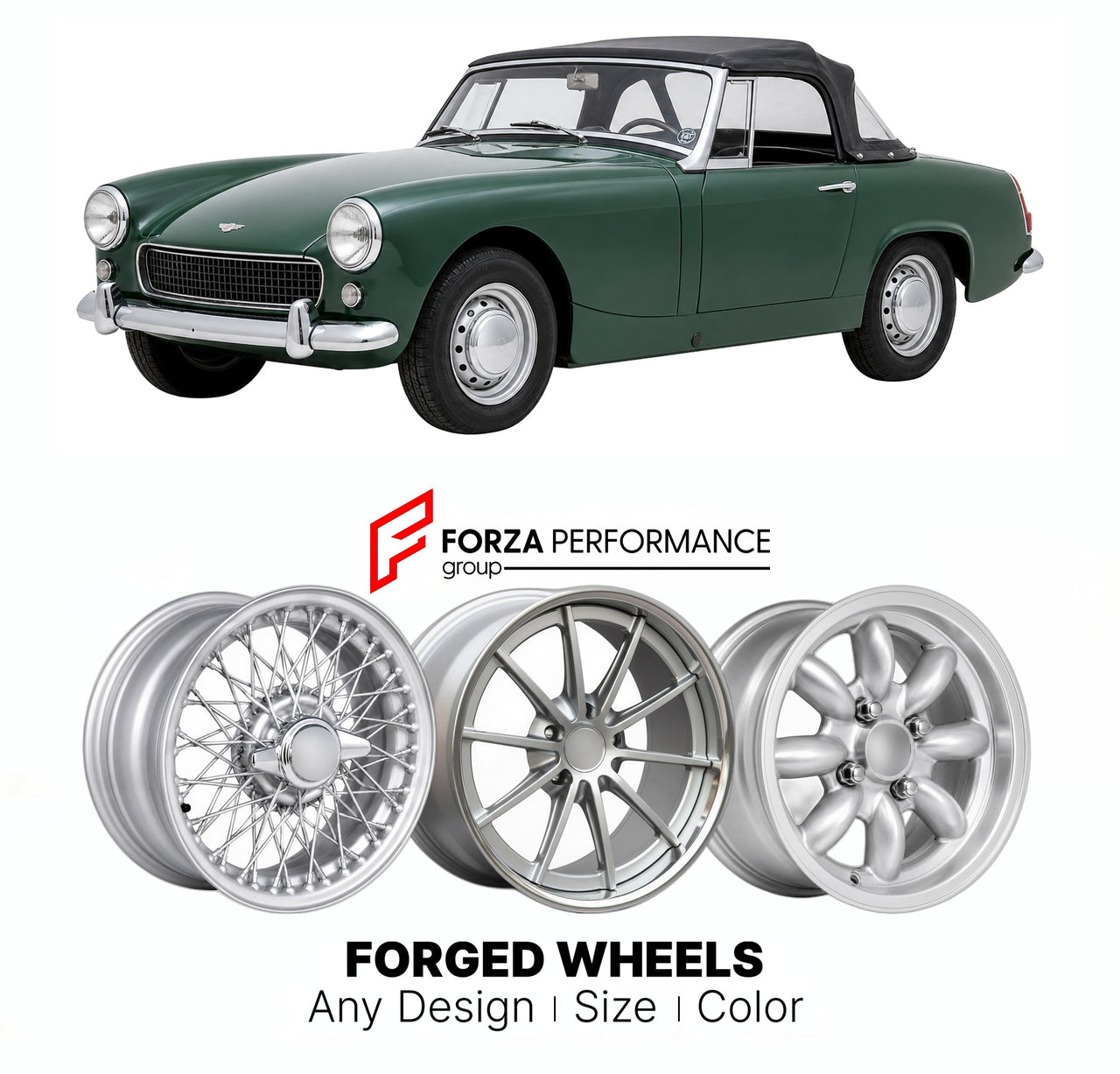 CUSTOM CLASSIC VINTAGE RESTOMOD RETRO OLD SCHOOL FORGED WHEELS RIMS for AUSTIN-HEALEY SPRITE MK II-MK IV 1961 - 1971

Custom forged wheels for Austin-Healey Sprite MK II-MK IV 1961 - 1971. Classic, vintage, restomod wheel designs made to order in custom sizes, offsets, colors and finishes.

We manufacture premium quality forged wheels rims for Austin-Healey Sprite MK II-MK IV 1961 - 1971 in any design, size, color.

THIS WHEEL DESIGN CAN BE CUSTOM-MADE FOR YOUR CAR IN ANY SIZE AND COLOR OPTIONS
Available in