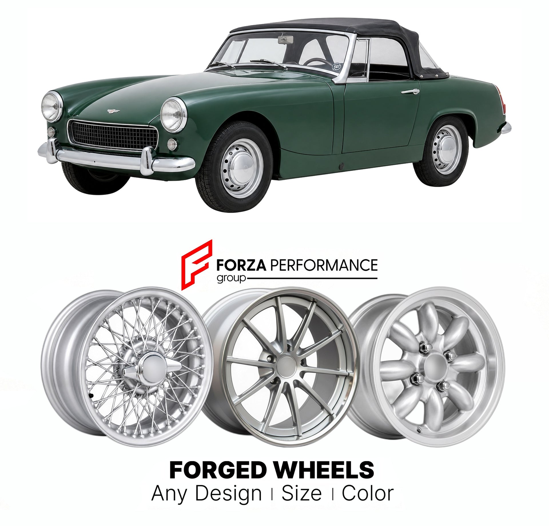 CUSTOM CLASSIC VINTAGE RESTOMOD RETRO OLD SCHOOL FORGED WHEELS RIMS for AUSTIN-HEALEY SPRITE MK II-MK IV 1961 - 1971

Custom forged wheels for Austin-Healey Sprite MK II-MK IV 1961 - 1971. Classic, vintage, restomod wheel designs made to order in custom sizes, offsets, colors and finishes.

We manufacture premium quality forged wheels rims for Austin-Healey Sprite MK II-MK IV 1961 - 1971 in any design, size, color.

THIS WHEEL DESIGN CAN BE CUSTOM-MADE FOR YOUR CAR IN ANY SIZE AND COLOR OPTIONS
Available in