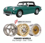 CUSTOM CLASSIC VINTAGE RESTOMOD RETRO OLD SCHOOL FORGED WHEELS RIMS for AUSTIN-HEALEY SPRITE MK IV 1966 - 1971

Custom forged wheels for Austin-Healey Sprite MK IV 1966 - 1971. Classic, vintage, restomod wheel designs made to order in custom sizes, offsets, colors and finishes.

We manufacture premium quality forged wheels rims for Austin-Healey Sprite MK IV 1966 - 1971 in any design, size, color.

THIS WHEEL DESIGN CAN BE CUSTOM-MADE FOR YOUR CAR IN ANY SIZE AND COLOR OPTIONS
Available in monoblock, 2-piec