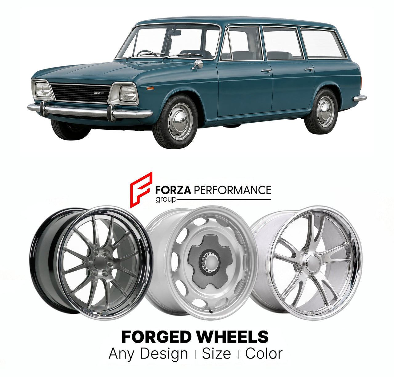CUSTOM CLASSIC VINTAGE RESTOMOD RETRO OLD SCHOOL FORGED WHEELS RIMS for AUSTIN 1800 LANDCRAB 1964 - 1975

Custom forged wheels for Austin 1800 Landcrab 1964 - 1975. Classic, vintage, restomod wheel designs made to order in custom sizes, offsets, colors and finishes.

We manufacture premium quality forged wheels rims for Austin 1800 Landcrab 1964 - 1975 in any design, size, color.

THIS WHEEL DESIGN CAN BE CUSTOM-MADE FOR YOUR CAR IN ANY SIZE AND COLOR OPTIONS
Available in monoblock, 2-piece, 3-piece, duoblo