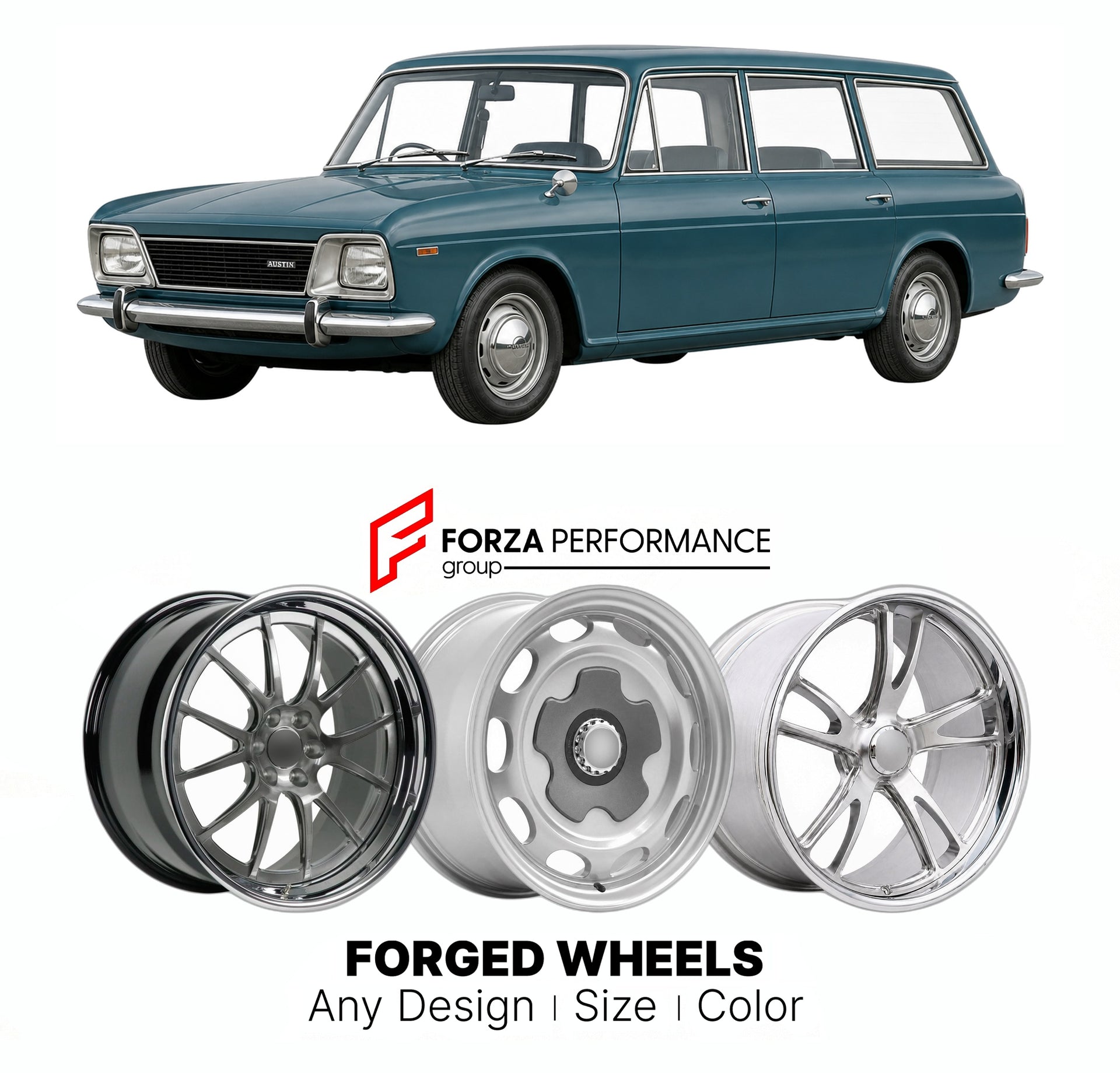 CUSTOM CLASSIC VINTAGE RESTOMOD RETRO OLD SCHOOL FORGED WHEELS RIMS for AUSTIN 1800 LANDCRAB 1964 - 1975

Custom forged wheels for Austin 1800 Landcrab 1964 - 1975. Classic, vintage, restomod wheel designs made to order in custom sizes, offsets, colors and finishes.

We manufacture premium quality forged wheels rims for Austin 1800 Landcrab 1964 - 1975 in any design, size, color.

THIS WHEEL DESIGN CAN BE CUSTOM-MADE FOR YOUR CAR IN ANY SIZE AND COLOR OPTIONS
Available in monoblock, 2-piece, 3-piece, duoblo