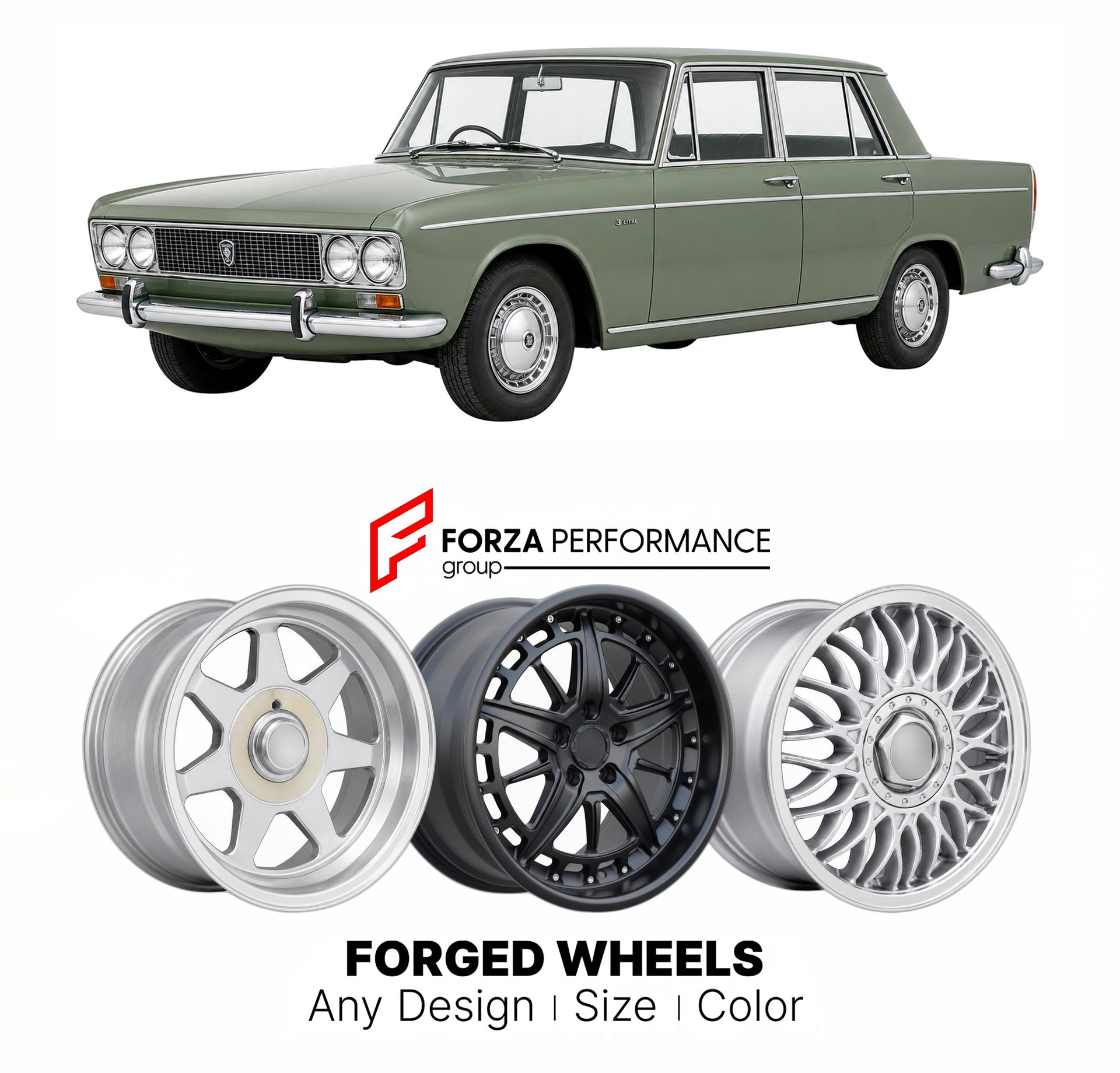 CUSTOM CLASSIC VINTAGE RESTOMOD RETRO OLD SCHOOL FORGED WHEELS RIMS for AUSTIN 3-LITRE 1967 - 1971

Custom forged wheels for Austin 3-Litre 1967 - 1971. Classic, vintage, restomod wheel designs made to order in custom sizes, offsets, colors and finishes.

We manufacture premium quality forged wheels rims for Austin 3-Litre 1967 - 1971 in any design, size, color.

THIS WHEEL DESIGN CAN BE CUSTOM-MADE FOR YOUR CAR IN ANY SIZE AND COLOR OPTIONS
Available in monoblock, 2-piece, 3-piece, duoblock, beadlock
3D wh