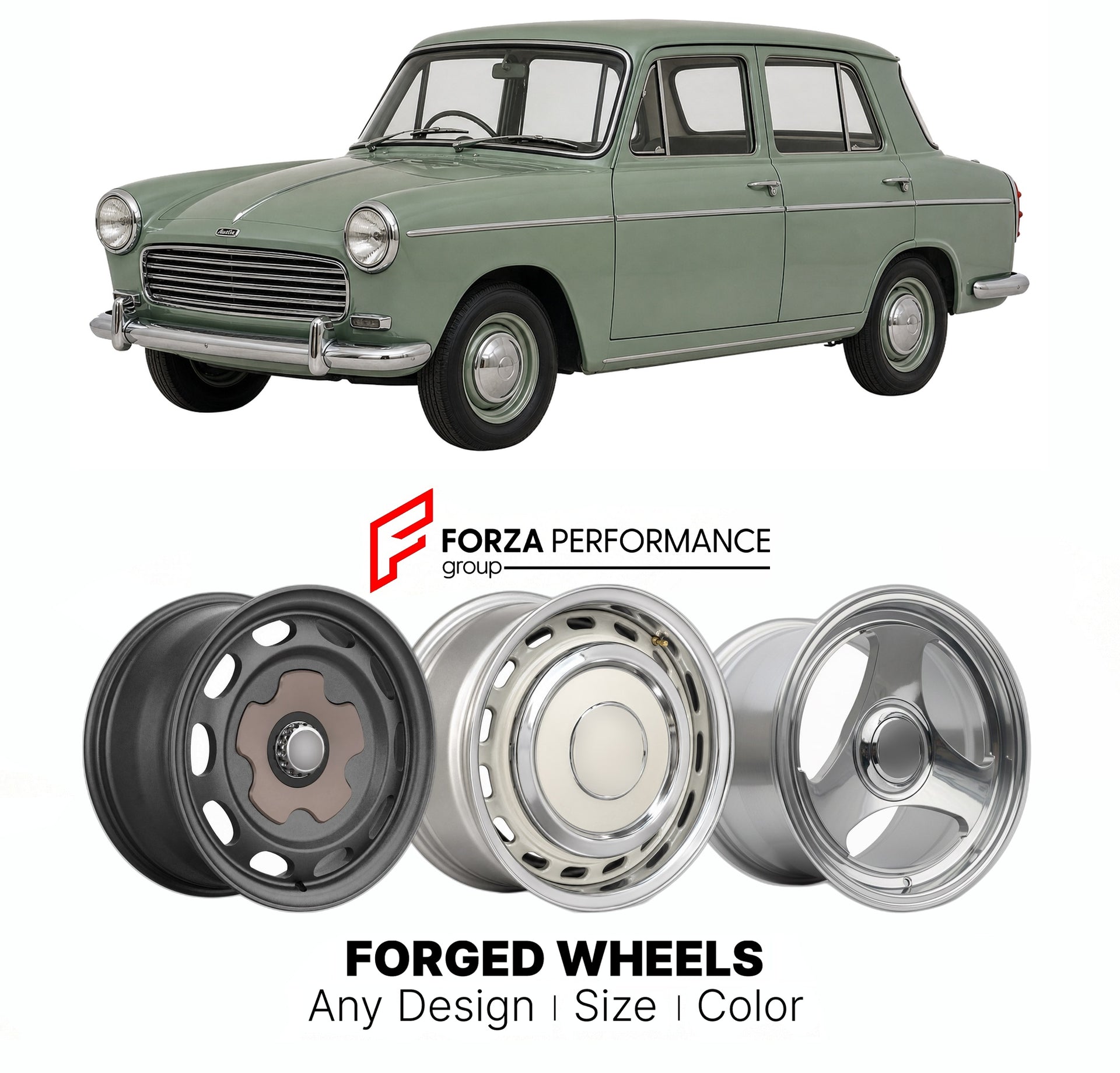 CUSTOM CLASSIC VINTAGE RESTOMOD RETRO OLD SCHOOL FORGED WHEELS RIMS for AUSTIN A40 FARINA MK 1 MK 2 1958 - 1967

Custom forged wheels for Austin A40 Farina MK 1 MK 2 1958 - 1967. Classic, vintage, restomod wheel designs made to order in custom sizes, offsets, colors and finishes.

We manufacture premium quality forged wheels rims for Austin A40 Farina MK 1 MK 2 1958 - 1967 in any design, size, color.

THIS WHEEL DESIGN CAN BE CUSTOM-MADE FOR YOUR CAR IN ANY SIZE AND COLOR OPTIONS
Available in monoblock, 2-p