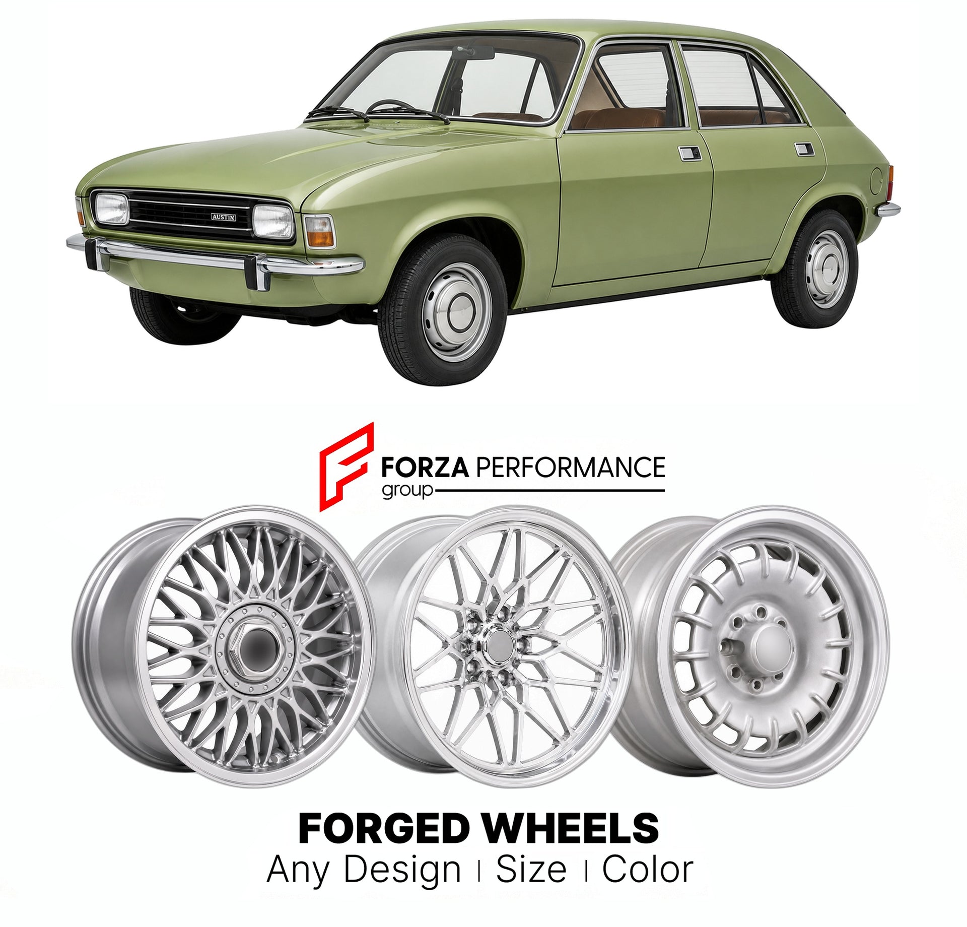 CUSTOM CLASSIC VINTAGE RESTOMOD RETRO OLD SCHOOL FORGED WHEELS RIMS for AUSTIN ALLEGRO 1973 - 1982

Custom forged wheels for Austin Allegro 1973 - 1982. Classic, vintage, restomod wheel designs made to order in custom sizes, offsets, colors and finishes.

We manufacture premium quality forged wheels rims for Austin Allegro 1973 - 1982 in any design, size, color.

THIS WHEEL DESIGN CAN BE CUSTOM-MADE FOR YOUR CAR IN ANY SIZE AND COLOR OPTIONS
Available in monoblock, 2-piece, 3-piece, duoblock, beadlock
3D wh