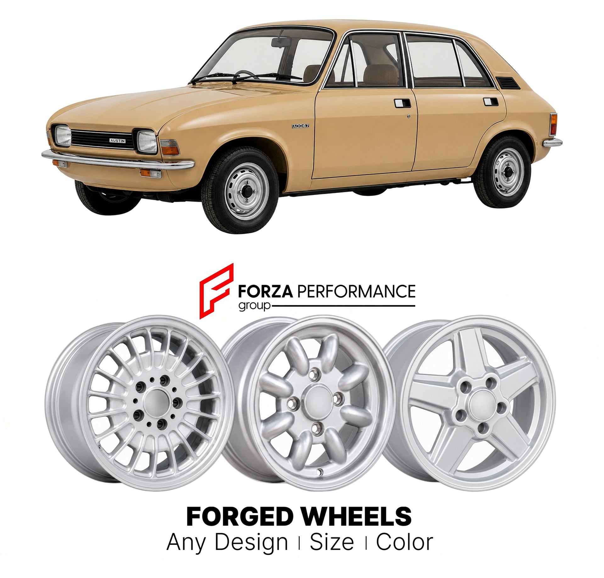 CUSTOM CLASSIC VINTAGE RESTOMOD RETRO OLD SCHOOL FORGED WHEELS RIMS for AUSTIN ALLEGRO ADO67 1973 - 1982

Custom forged wheels for Austin Allegro ADO67 1973 - 1982. Classic, vintage, restomod wheel designs made to order in custom sizes, offsets, colors and finishes.

We manufacture premium quality forged wheels rims for Austin Allegro ADO67 1973 - 1982 in any design, size, color.

THIS WHEEL DESIGN CAN BE CUSTOM-MADE FOR YOUR CAR IN ANY SIZE AND COLOR OPTIONS
Available in monoblock, 2-piece, 3-piece, duoblo