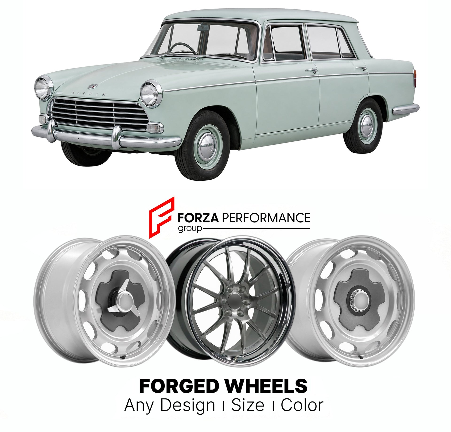 CUSTOM CLASSIC VINTAGE RESTOMOD RETRO OLD SCHOOL FORGED WHEELS RIMS for AUSTIN CAMBRIDGE A55 A60 1959 - 1969

Custom forged wheels for Austin Cambridge A55 A60 1959 - 1969. Classic, vintage, restomod wheel designs made to order in custom sizes, offsets, colors and finishes.

We manufacture premium quality forged wheels rims for Austin Cambridge A55 A60 1959 - 1969 in any design, size, color.

THIS WHEEL DESIGN CAN BE CUSTOM-MADE FOR YOUR CAR IN ANY SIZE AND COLOR OPTIONS
Available in monoblock, 2-piece, 3-p