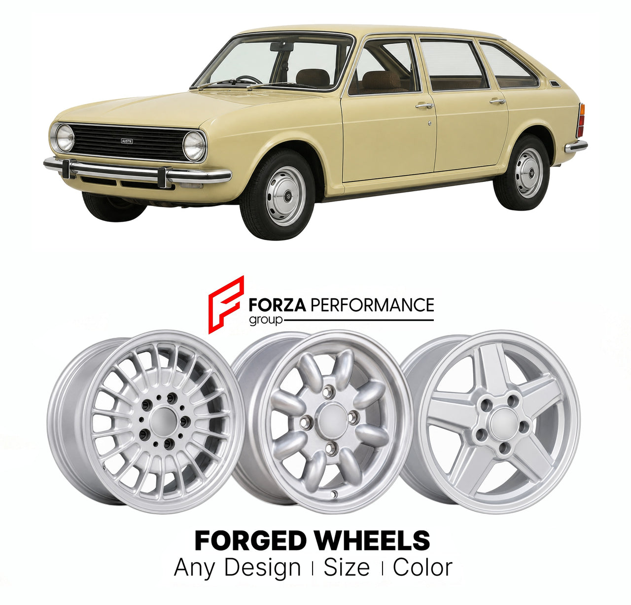 CUSTOM CLASSIC VINTAGE RESTOMOD RETRO OLD SCHOOL FORGED WHEELS RIMS for AUSTIN MAXI ADO14 1969 - 1981

Custom forged wheels for Austin Maxi ADO14 1969 - 1981. Classic, vintage, restomod wheel designs made to order in custom sizes, offsets, colors and finishes.

We manufacture premium quality forged wheels rims for Austin Maxi ADO14 1969 - 1981 in any design, size, color.

THIS WHEEL DESIGN CAN BE CUSTOM-MADE FOR YOUR CAR IN ANY SIZE AND COLOR OPTIONS
Available in monoblock, 2-piece, 3-piece, duoblock, beadl