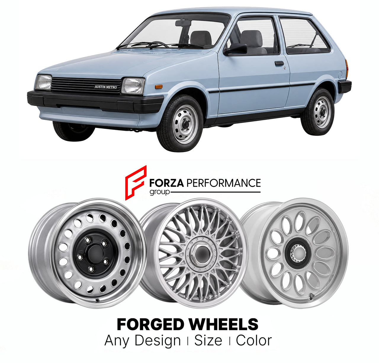 CUSTOM CLASSIC VINTAGE RESTOMOD RETRO OLD SCHOOL FORGED WHEELS RIMS for AUSTIN METRO 1980 - 1990

Custom forged wheels for Austin Metro 1980 - 1990. Classic, vintage, restomod wheel designs made to order in custom sizes, offsets, colors and finishes.

We manufacture premium quality forged wheels rims for Austin Metro 1980 - 1990 in any design, size, color.

THIS WHEEL DESIGN CAN BE CUSTOM-MADE FOR YOUR CAR IN ANY SIZE AND COLOR OPTIONS
Available in monoblock, 2-piece, 3-piece, duoblock, beadlock
3D wheel re