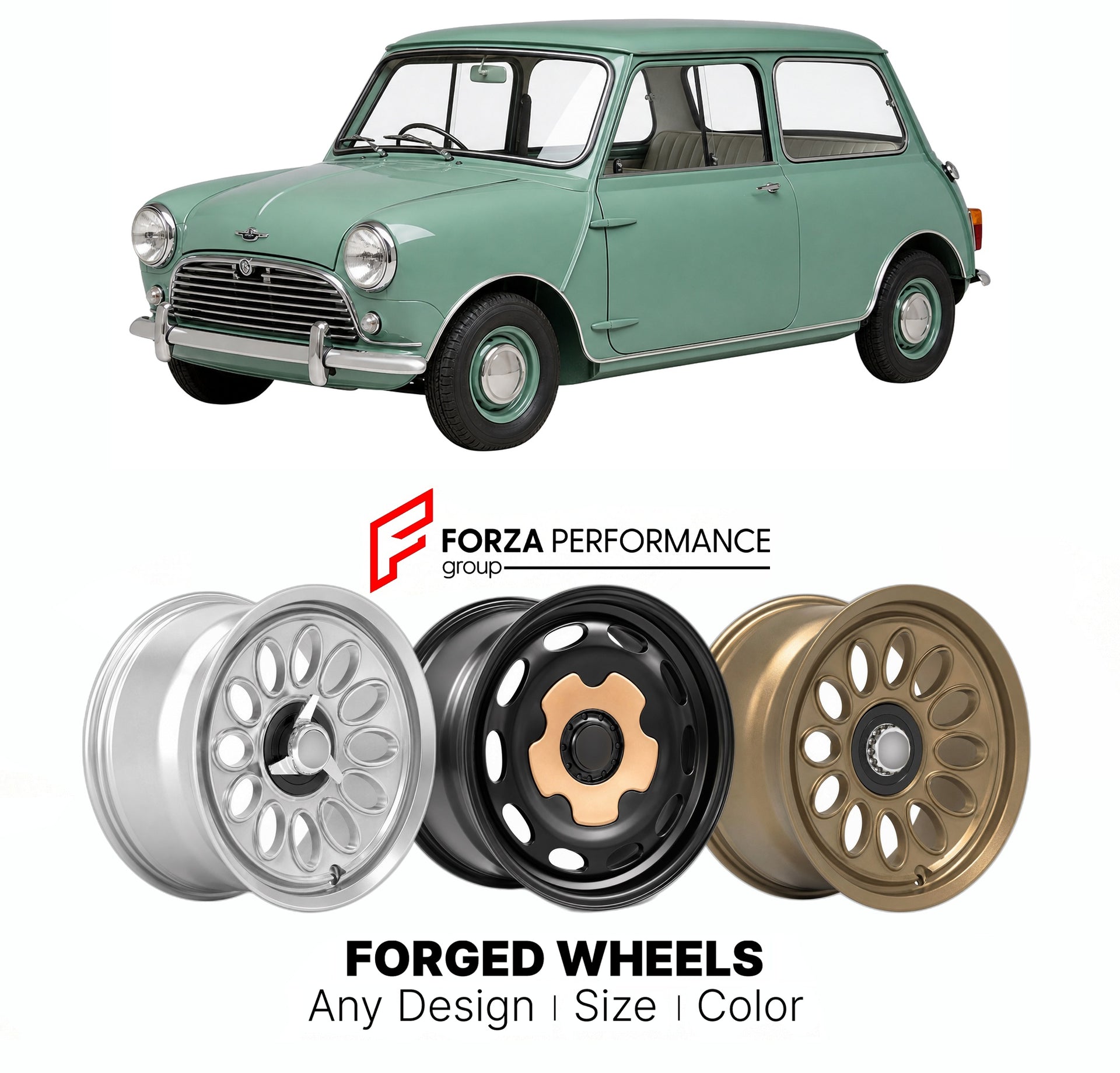 CUSTOM CLASSIC VINTAGE RESTOMOD RETRO OLD SCHOOL FORGED WHEELS RIMS for AUSTIN MINI 850 SUPER DE LUXE 1959 - 1967

Custom forged wheels for Austin Mini 850 Super De Luxe 1959 - 1967. Classic, vintage, restomod wheel designs made to order in custom sizes, offsets, colors and finishes.

We manufacture premium quality forged wheels rims for Austin Mini 850 Super De Luxe 1959 - 1967 in any design, size, color.

THIS WHEEL DESIGN CAN BE CUSTOM-MADE FOR YOUR CAR IN ANY SIZE AND COLOR OPTIONS
Available in monobloc