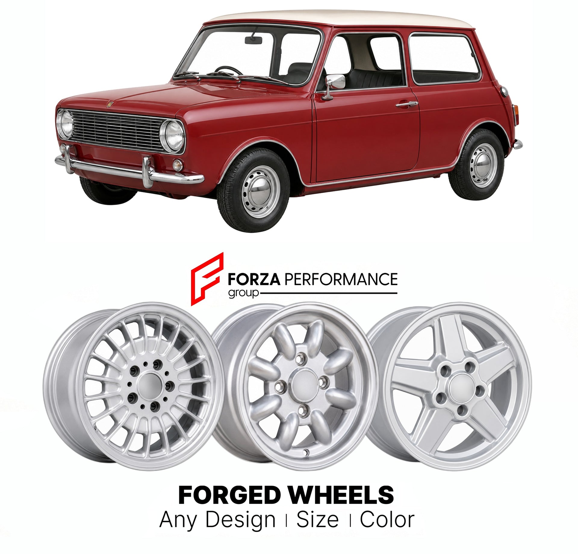 CUSTOM CLASSIC VINTAGE RESTOMOD RETRO OLD SCHOOL FORGED WHEELS RIMS for AUSTIN MINI CLUBMAN ADO20 1969 - 1980

Custom forged wheels for Austin Mini Clubman ADO20 1969 - 1980. Classic, vintage, restomod wheel designs made to order in custom sizes, offsets, colors and finishes.

We manufacture premium quality forged wheels rims for Austin Mini Clubman ADO20 1969 - 1980 in any design, size, color.

THIS WHEEL DESIGN CAN BE CUSTOM-MADE FOR YOUR CAR IN ANY SIZE AND COLOR OPTIONS
Available in monoblock, 2-piece, 