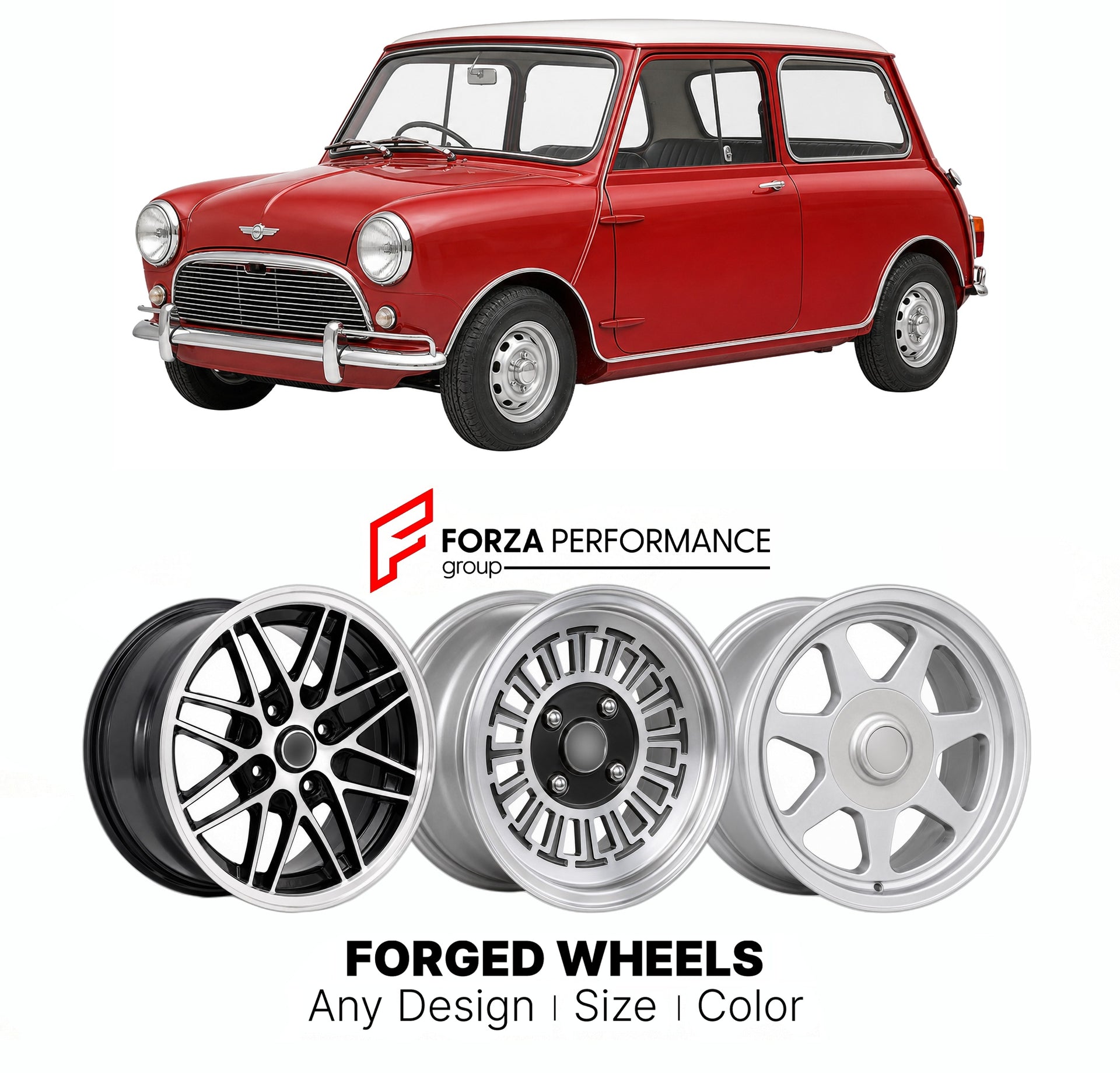 CUSTOM CLASSIC VINTAGE RESTOMOD RETRO OLD SCHOOL FORGED WHEELS RIMS for AUSTIN MINI COOPER S ADO15 1963 - 1971

Custom forged wheels for Austin Mini Cooper S ADO15 1963 - 1971. Classic, vintage, restomod wheel designs made to order in custom sizes, offsets, colors and finishes.

We manufacture premium quality forged wheels rims for Austin Mini Cooper S ADO15 1963 - 1971 in any design, size, color.

THIS WHEEL DESIGN CAN BE CUSTOM-MADE FOR YOUR CAR IN ANY SIZE AND COLOR OPTIONS
Available in monoblock, 2-piec