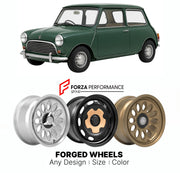 CUSTOM CLASSIC VINTAGE RESTOMOD RETRO OLD SCHOOL FORGED WHEELS RIMS for AUSTIN MINI MARK IV 1976 - 1983

Custom forged wheels for Austin Mini Mark IV 1976 - 1983. Classic, vintage, restomod wheel designs made to order in custom sizes, offsets, colors and finishes.

We manufacture premium quality forged wheels rims for Austin Mini Mark IV 1976 - 1983 in any design, size, color.

THIS WHEEL DESIGN CAN BE CUSTOM-MADE FOR YOUR CAR IN ANY SIZE AND COLOR OPTIONS
Available in monoblock, 2-piece, 3-piece, duoblock,