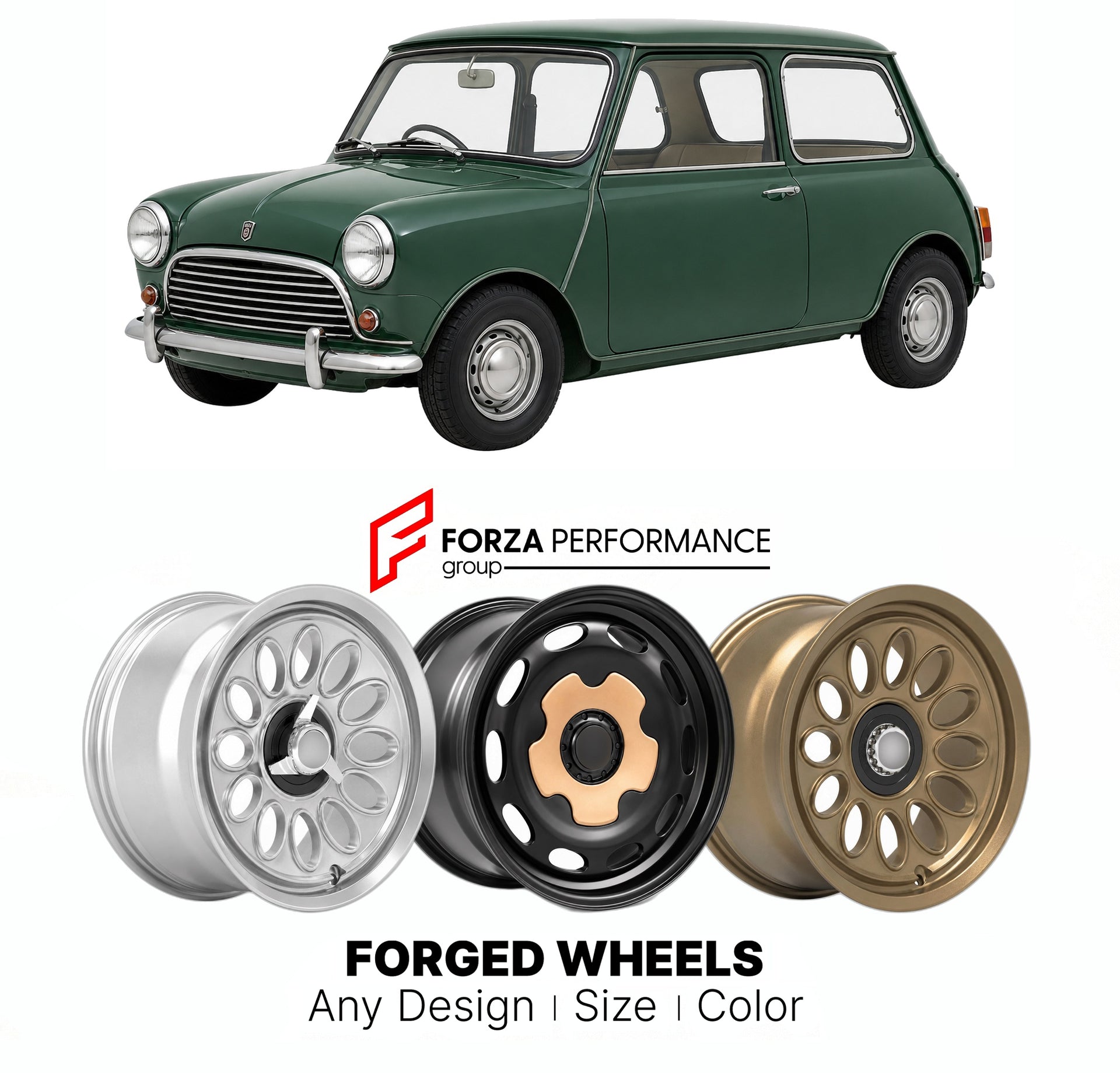 CUSTOM CLASSIC VINTAGE RESTOMOD RETRO OLD SCHOOL FORGED WHEELS RIMS for AUSTIN MINI MARK IV 1976 - 1983

Custom forged wheels for Austin Mini Mark IV 1976 - 1983. Classic, vintage, restomod wheel designs made to order in custom sizes, offsets, colors and finishes.

We manufacture premium quality forged wheels rims for Austin Mini Mark IV 1976 - 1983 in any design, size, color.

THIS WHEEL DESIGN CAN BE CUSTOM-MADE FOR YOUR CAR IN ANY SIZE AND COLOR OPTIONS
Available in monoblock, 2-piece, 3-piece, duoblock,