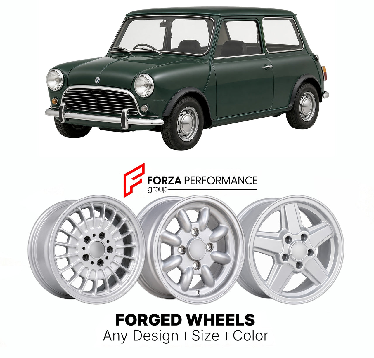 CUSTOM CLASSIC VINTAGE RESTOMOD RETRO OLD SCHOOL FORGED WHEELS RIMS for AUSTIN MINI MARK V 1984 - 1990

Custom forged wheels for Austin Mini Mark V 1984 - 1990. Classic, vintage, restomod wheel designs made to order in custom sizes, offsets, colors and finishes.

We manufacture premium quality forged wheels rims for Austin Mini Mark V 1984 - 1990 in any design, size, color.

THIS WHEEL DESIGN CAN BE CUSTOM-MADE FOR YOUR CAR IN ANY SIZE AND COLOR OPTIONS
Available in monoblock, 2-piece, 3-piece, duoblock, be