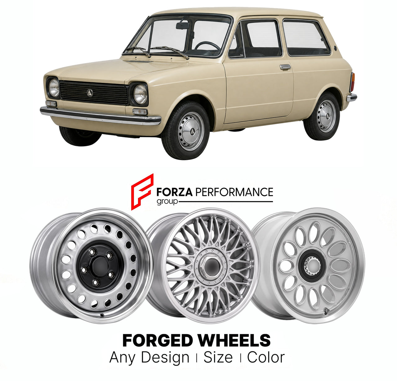 CUSTOM CLASSIC VINTAGE RESTOMOD RETRO OLD SCHOOL FORGED WHEELS RIMS for AUTOBIANCHI A112 1969 - 1986

Custom forged wheels for Autobianchi A112 1969 - 1986. Classic, vintage, restomod wheel designs made to order in custom sizes, offsets, colors and finishes.

We manufacture premium quality forged wheels rims for Autobianchi A112 1969 - 1986 in any design, size, color.

THIS WHEEL DESIGN CAN BE CUSTOM-MADE FOR YOUR CAR IN ANY SIZE AND COLOR OPTIONS
Available in monoblock, 2-piece, 3-piece, duoblock, beadlock