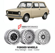CUSTOM CLASSIC VINTAGE RESTOMOD RETRO OLD SCHOOL FORGED WHEELS RIMS for AUTOBIANCHI A112 1969 - 1986

Custom forged wheels for Autobianchi A112 1969 - 1986. Classic, vintage, restomod wheel designs made to order in custom sizes, offsets, colors and finishes.

We manufacture premium quality forged wheels rims for Autobianchi A112 1969 - 1986 in any design, size, color.

THIS WHEEL DESIGN CAN BE CUSTOM-MADE FOR YOUR CAR IN ANY SIZE AND COLOR OPTIONS
Available in monoblock, 2-piece, 3-piece, duoblock, beadlock
