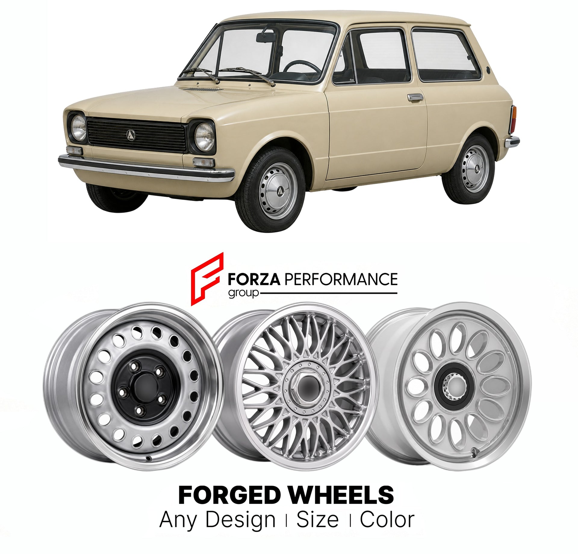 CUSTOM CLASSIC VINTAGE RESTOMOD RETRO OLD SCHOOL FORGED WHEELS RIMS for AUTOBIANCHI A112 1969 - 1986

Custom forged wheels for Autobianchi A112 1969 - 1986. Classic, vintage, restomod wheel designs made to order in custom sizes, offsets, colors and finishes.

We manufacture premium quality forged wheels rims for Autobianchi A112 1969 - 1986 in any design, size, color.

THIS WHEEL DESIGN CAN BE CUSTOM-MADE FOR YOUR CAR IN ANY SIZE AND COLOR OPTIONS
Available in monoblock, 2-piece, 3-piece, duoblock, beadlock