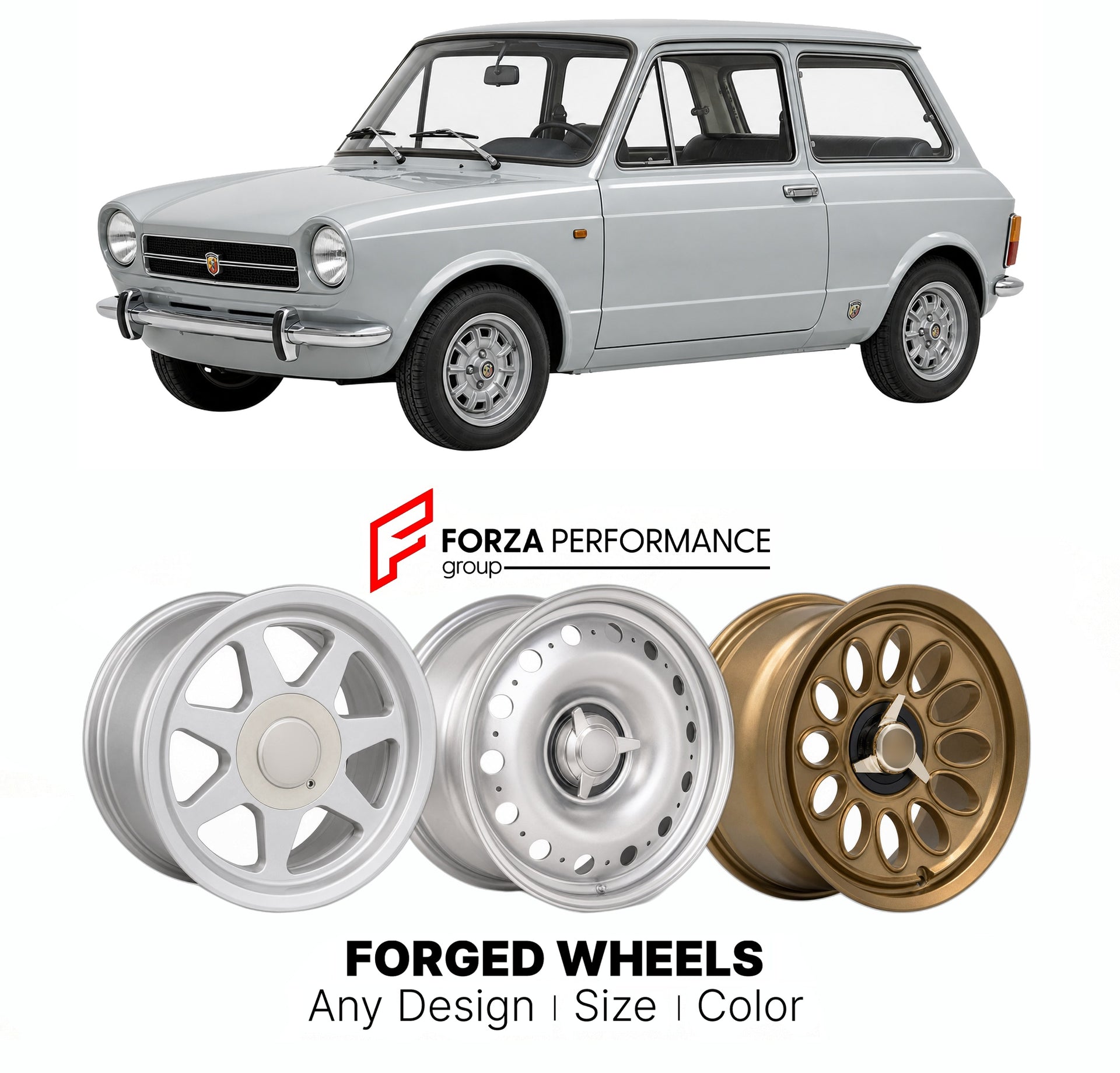 CUSTOM CLASSIC VINTAGE RESTOMOD RETRO OLD SCHOOL FORGED WHEELS RIMS for AUTOBIANCHI A112 ABARTH 1971 - 1985

Custom forged wheels for Autobianchi A112 Abarth 1971 - 1985. Classic, vintage, restomod wheel designs made to order in custom sizes, offsets, colors and finishes.

We manufacture premium quality forged wheels rims for Autobianchi A112 Abarth 1971 - 1985 in any design, size, color.

THIS WHEEL DESIGN CAN BE CUSTOM-MADE FOR YOUR CAR IN ANY SIZE AND COLOR OPTIONS
Available in monoblock, 2-piece, 3-piec
