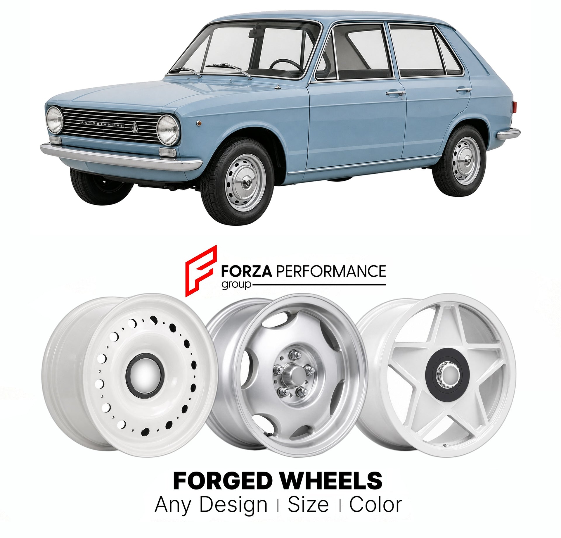 CUSTOM CLASSIC VINTAGE RESTOMOD RETRO OLD SCHOOL FORGED WHEELS RIMS for AUTOBIANCHI PRIMULA 1964 - 1970

Custom forged wheels for Autobianchi Primula 1964 - 1970. Classic, vintage, restomod wheel designs made to order in custom sizes, offsets, colors and finishes.

We manufacture premium quality forged wheels rims for Autobianchi Primula 1964 - 1970 in any design, size, color.

THIS WHEEL DESIGN CAN BE CUSTOM-MADE FOR YOUR CAR IN ANY SIZE AND COLOR OPTIONS
Available in monoblock, 2-piece, 3-piece, duoblock,