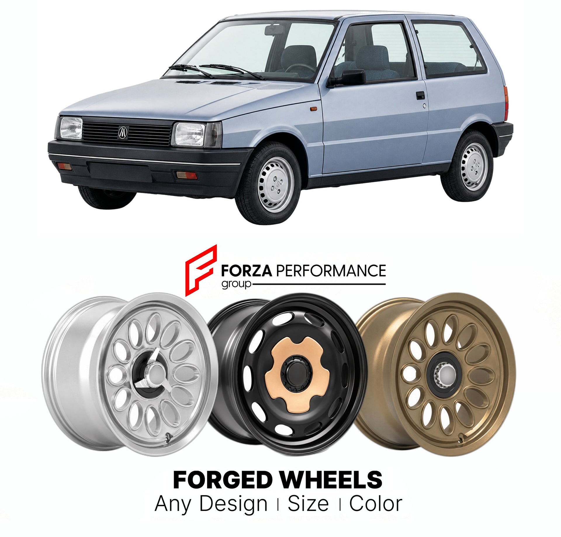 CUSTOM CLASSIC VINTAGE RESTOMOD RETRO OLD SCHOOL FORGED WHEELS RIMS for AUTOBIANCHI Y10 1985 - 1995

Custom forged wheels for Autobianchi Y10 1985 - 1995. Classic, vintage, restomod wheel designs made to order in custom sizes, offsets, colors and finishes.

We manufacture premium quality forged wheels rims for Autobianchi Y10 1985 - 1995 in any design, size, color.

THIS WHEEL DESIGN CAN BE CUSTOM-MADE FOR YOUR CAR IN ANY SIZE AND COLOR OPTIONS
Available in monoblock, 2-piece, 3-piece, duoblock, beadlock
3D