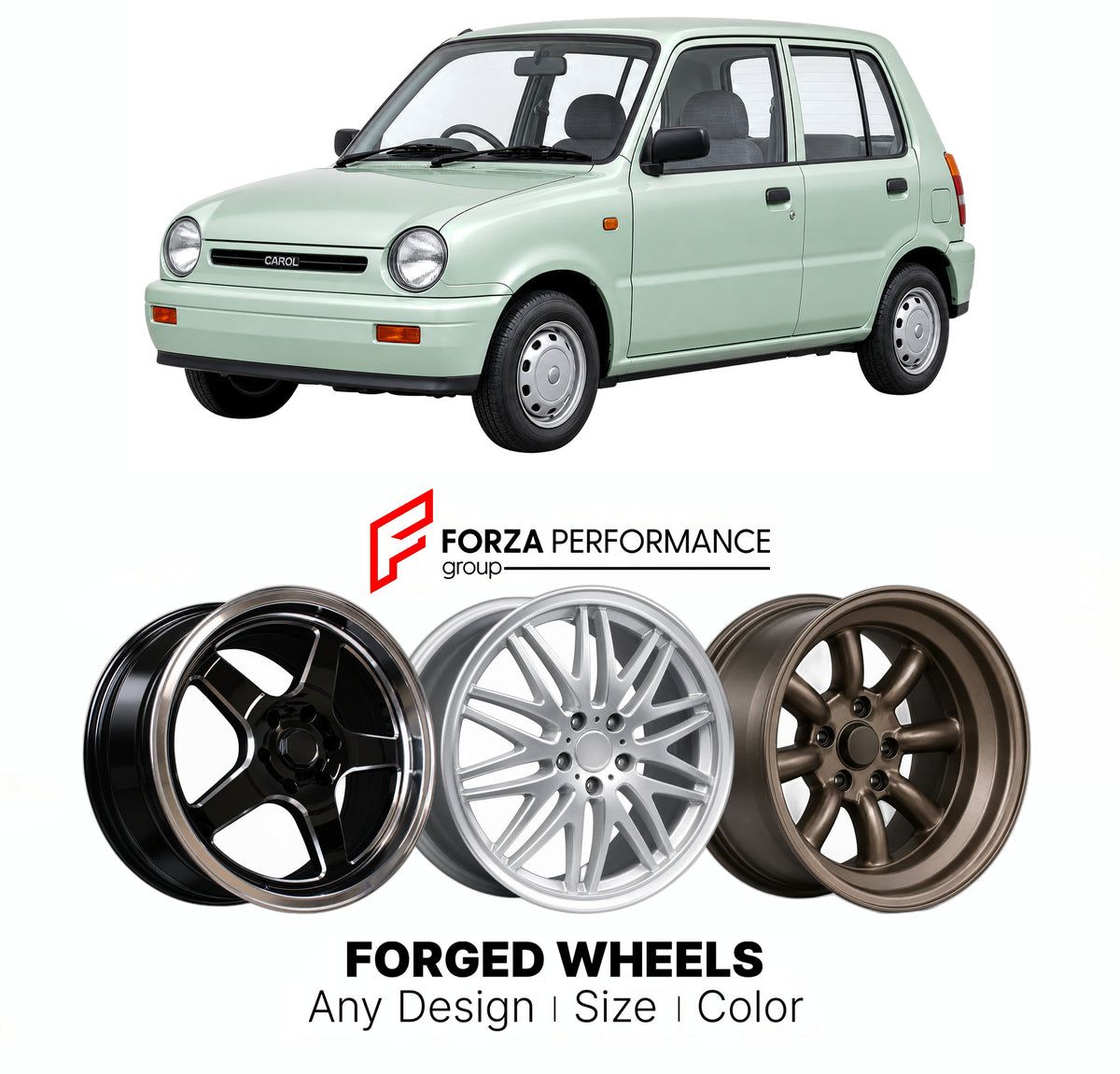 CUSTOM CLASSIC VINTAGE RESTOMOD RETRO OLD SCHOOL FORGED WHEELS RIMS for AUTOZAM CAROL AA 1989 - 1995

Custom forged wheels for Autozam Carol AA 1989 - 1995. Classic, vintage, restomod and retro JDM wheel designs made to order in custom sizes, offsets, colors and finishes with guaranteed fitment.

We manufacture premium quality forged wheels rims for Autozam Carol AA 1989 - 1995 in any design, size, color.

JDM WHEEL DESIGNS: our Japanese collection for hatchbacks, kei cars and MPVs includes designs inspired
