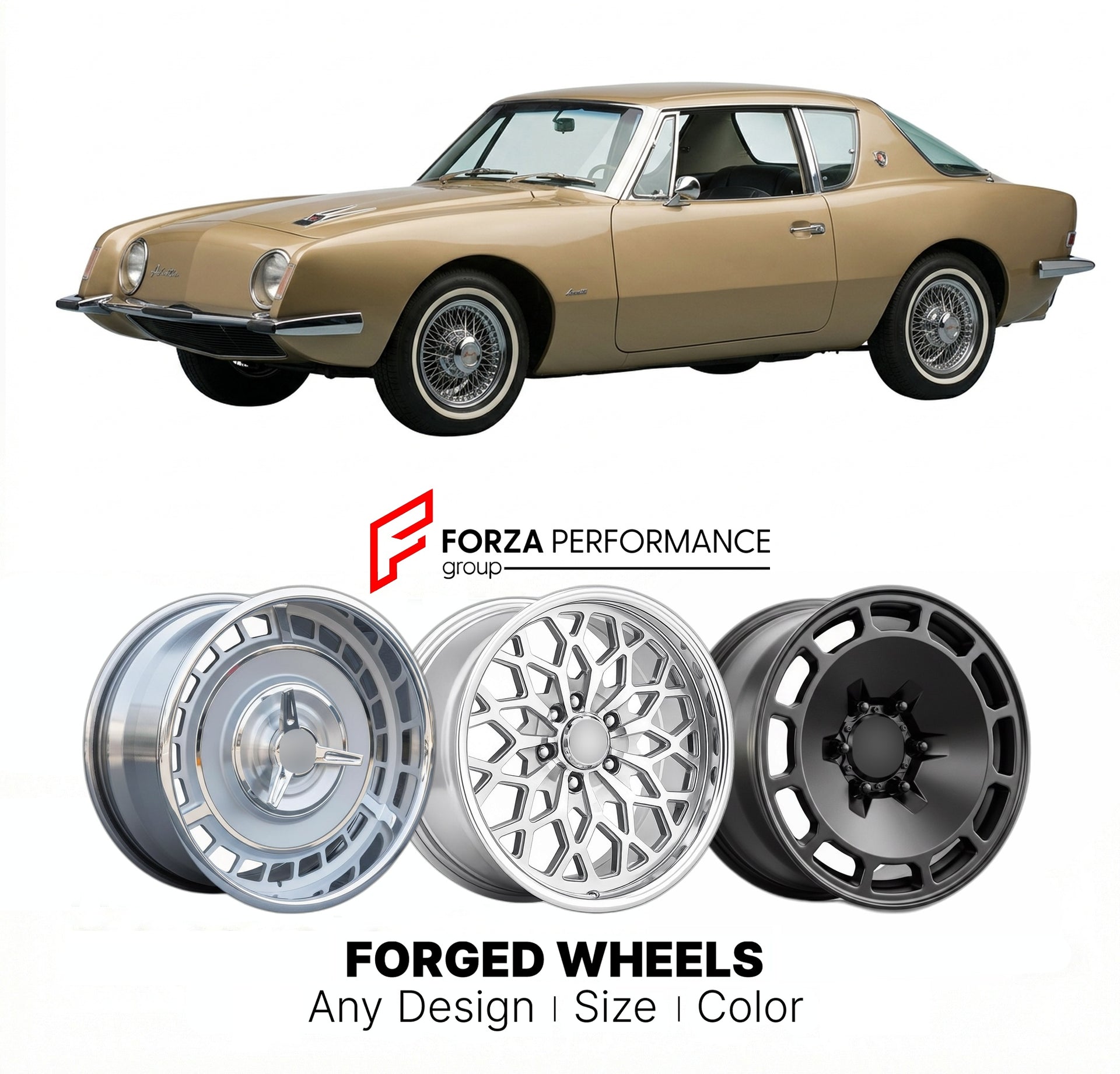 CUSTOM CLASSIC VINTAGE RESTOMOD RETRO OLD SCHOOL FORGED WHEELS RIMS for AVANTI II 1965 - 1966
Custom forged wheels for classic American muscle cars. Ideal for restomod builds, vintage restorations, and show cars. Deep dish and retro styling available.

We manufacture premium quality forged wheels rims for Avanti II 1965 - 1966 in any design, size, color.

THIS WHEEL DESIGN CAN BE CUSTOM-MADE FOR YOUR CAR IN ANY SIZE AND COLOR OPTIONS
Available in monoblock, 2-piece, 3-piece, duoblock, beadlock
3D wheel rend