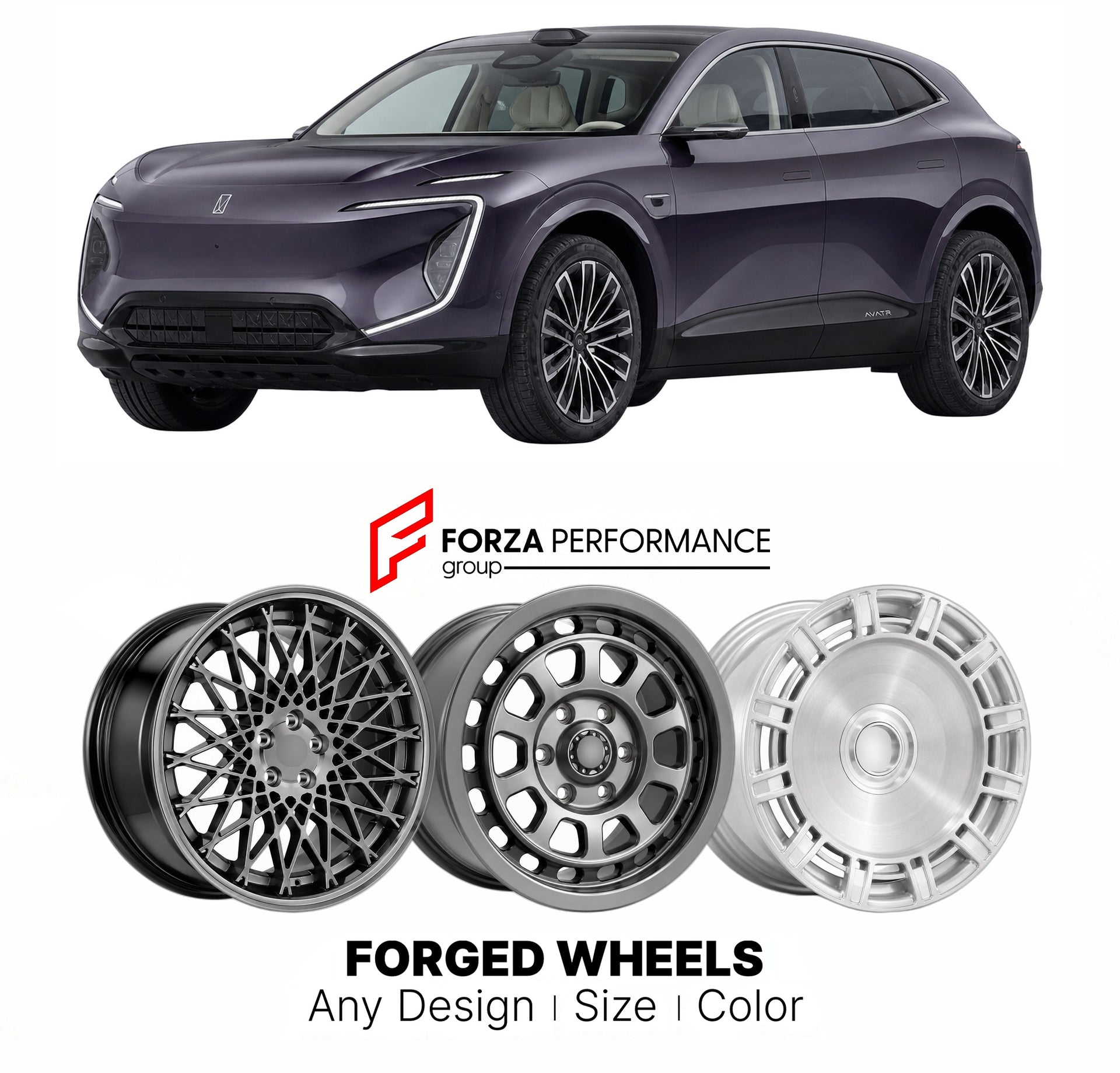 Custom forged wheels for Avatr 7 2024+. Made-to-order monoblock, 2-piece and 3-piece wheels in custom sizes, offsets, colors and finishes with guaranteed vehicle fitment.

We manufacture premium quality forged wheels rims for Avatr 7 2024+ in any design, size, color.

THIS WHEEL DESIGN CAN BE CUSTOM-MADE FOR YOUR CAR IN ANY SIZE AND COLOR OPTIONS
Available in monoblock, 2-piece, 3-piece, duoblock, beadlock
3D wheel renderings are provided according to the exact dimensions and specifications requested by the