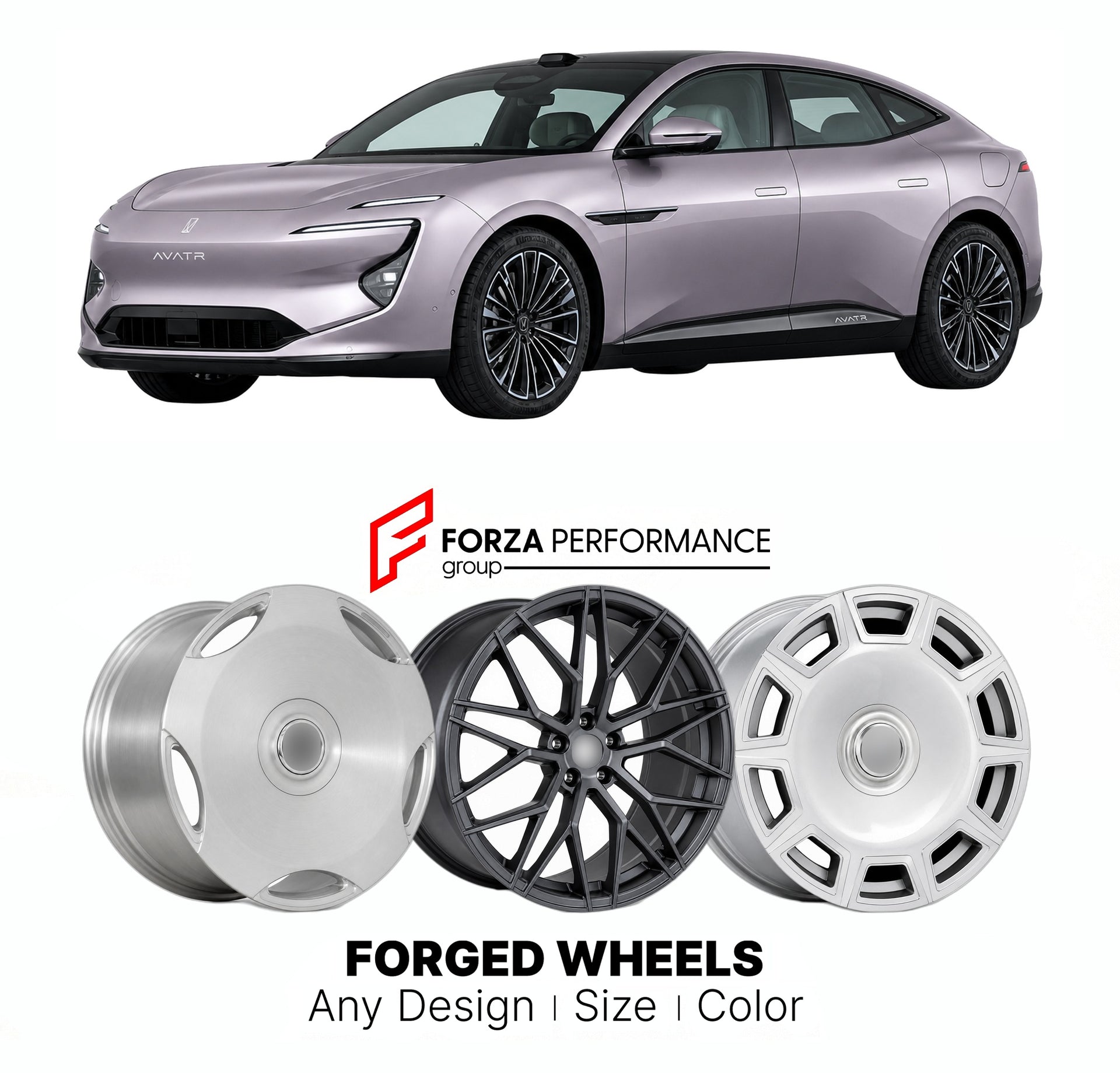 Custom forged wheels for Avatr Changan 6 2025+. Made-to-order monoblock, 2-piece and 3-piece wheels in custom sizes, offsets, colors and finishes with guaranteed vehicle fitment.

We manufacture premium quality forged wheels rims for Avatr Changan 6 2025+ in any design, size, color.

THIS WHEEL DESIGN CAN BE CUSTOM-MADE FOR YOUR CAR IN ANY SIZE AND COLOR OPTIONS
Available in monoblock, 2-piece, 3-piece, duoblock, beadlock
3D wheel renderings are provided according to the exact dimensions and specifications 