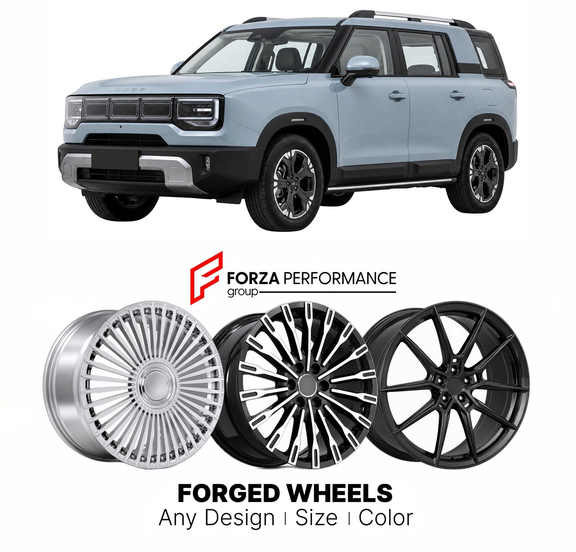 Custom forged wheels for BAIC Beijing BJ30 2024+. Made-to-order monoblock, 2-piece and 3-piece wheels in custom sizes, offsets, colors and finishes with guaranteed vehicle fitment.

We manufacture premium quality forged wheels rims for BAIC Beijing BJ30 2024+ in any design, size, color.

THIS WHEEL DESIGN CAN BE CUSTOM-MADE FOR YOUR CAR IN ANY SIZE AND COLOR OPTIONS
Available in monoblock, 2-piece, 3-piece, duoblock, beadlock
3D wheel renderings are provided according to the exact dimensions and specificati