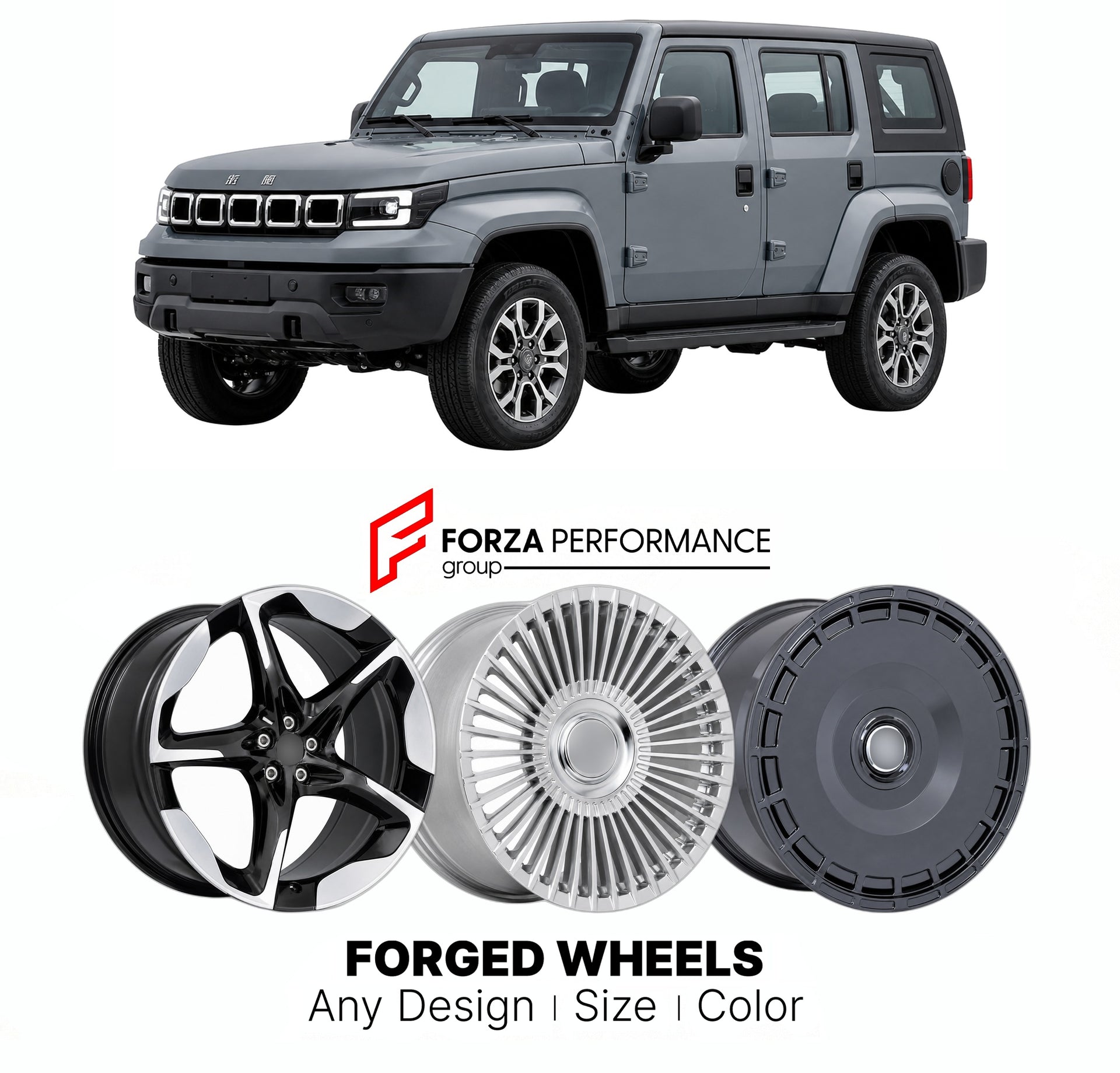 Custom forged wheels for BAIC Beijing BJ40 2024+. Made-to-order monoblock, 2-piece and 3-piece wheels in custom sizes, offsets, colors and finishes with guaranteed vehicle fitment.

We manufacture premium quality forged wheels rims for BAIC Beijing BJ40 2024+ in any design, size, color.

THIS WHEEL DESIGN CAN BE CUSTOM-MADE FOR YOUR CAR IN ANY SIZE AND COLOR OPTIONS
Available in monoblock, 2-piece, 3-piece, duoblock, beadlock
3D wheel renderings are provided according to the exact dimensions and specificati
