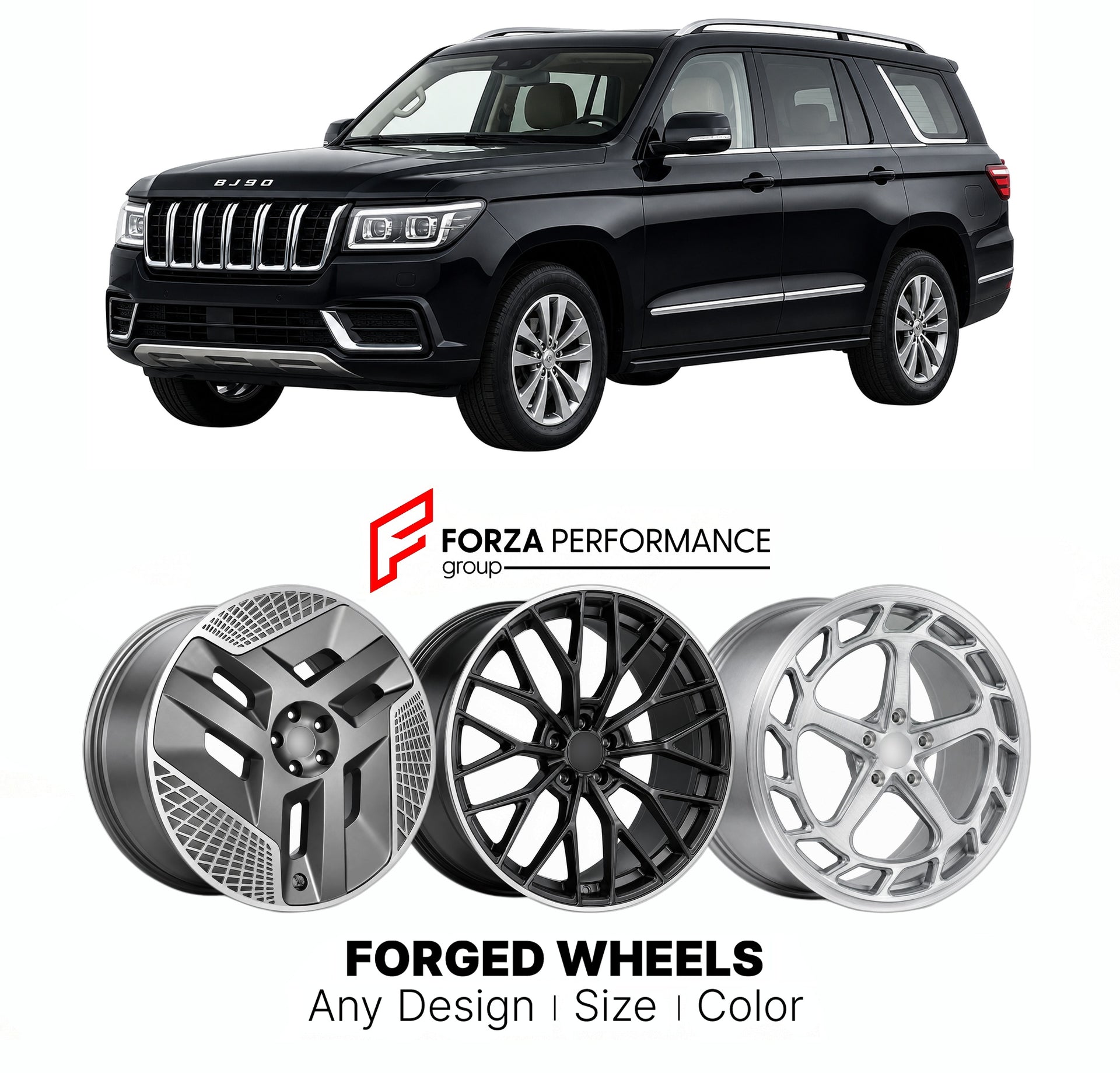 Custom forged wheels for BAIC Beijing BJ90 2019+. Made-to-order monoblock, 2-piece and 3-piece wheels in custom sizes, offsets, colors and finishes with guaranteed vehicle fitment.

We manufacture premium quality forged wheels rims for BAIC Beijing BJ90 2019+ in any design, size, color.

THIS WHEEL DESIGN CAN BE CUSTOM-MADE FOR YOUR CAR IN ANY SIZE AND COLOR OPTIONS
Available in monoblock, 2-piece, 3-piece, duoblock, beadlock
3D wheel renderings are provided according to the exact dimensions and specificati