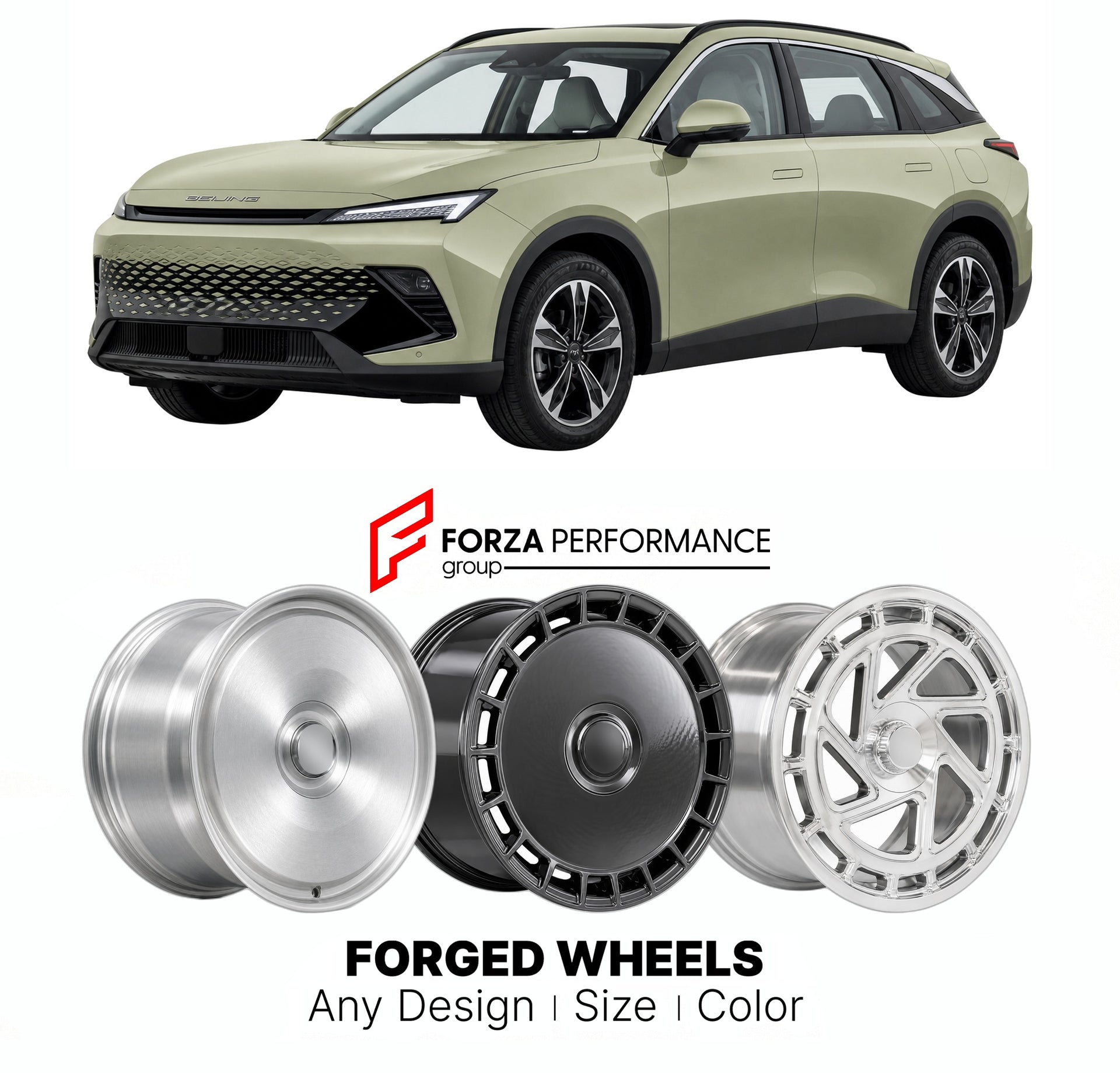 Custom forged wheels for BAIC Beijing X55 2022+. Made-to-order monoblock, 2-piece and 3-piece wheels in custom sizes, offsets, colors and finishes with guaranteed vehicle fitment.

We manufacture premium quality forged wheels rims for BAIC Beijing X55 2022+ in any design, size, color.

THIS WHEEL DESIGN CAN BE CUSTOM-MADE FOR YOUR CAR IN ANY SIZE AND COLOR OPTIONS
Available in monoblock, 2-piece, 3-piece, duoblock, beadlock
3D wheel renderings are provided according to the exact dimensions and specification