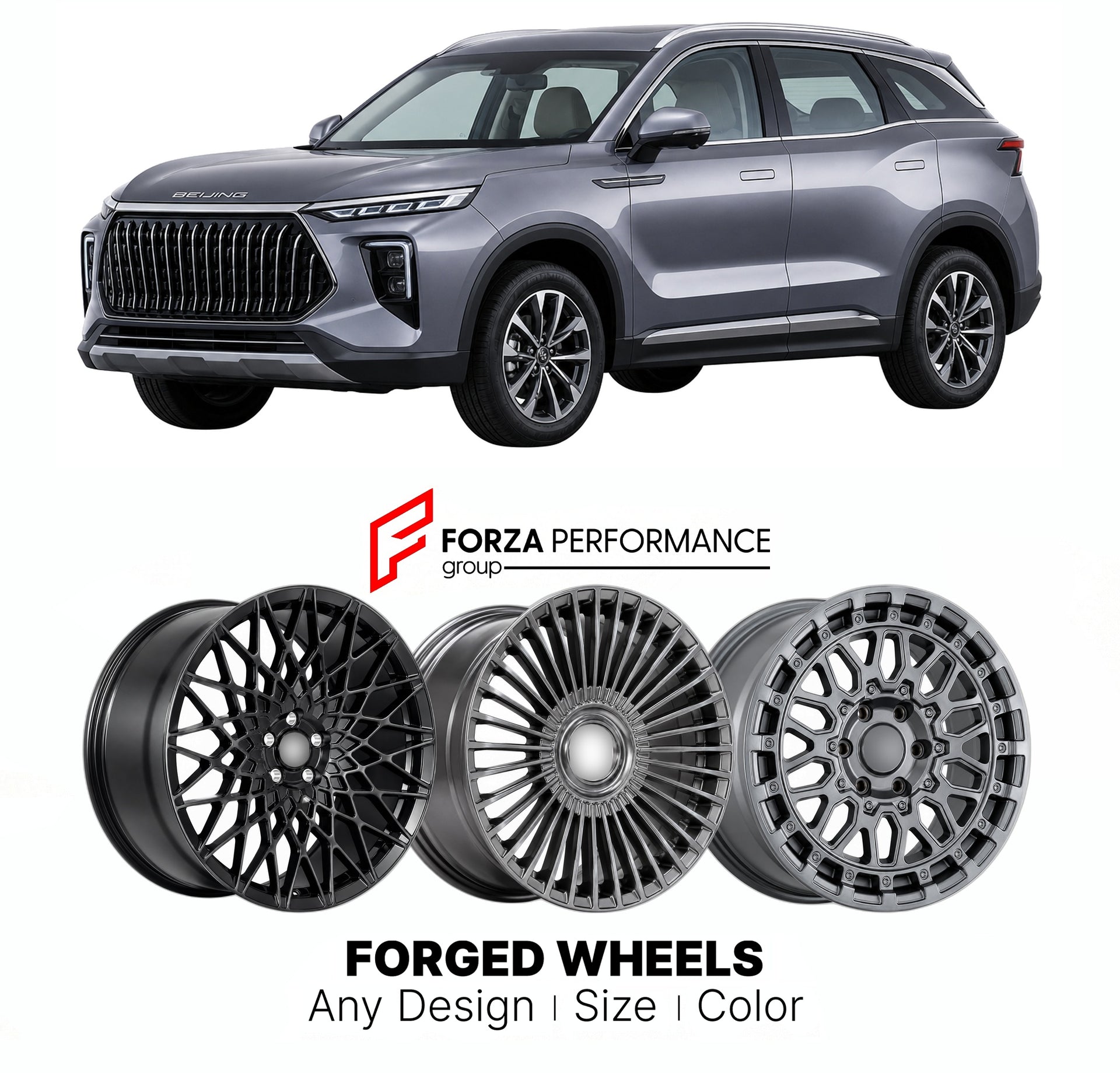 Custom forged wheels for BAIC Beijing X75 2023+. Made-to-order monoblock, 2-piece and 3-piece wheels in custom sizes, offsets, colors and finishes with guaranteed vehicle fitment.

We manufacture premium quality forged wheels rims for BAIC Beijing X75 2023+ in any design, size, color.

THIS WHEEL DESIGN CAN BE CUSTOM-MADE FOR YOUR CAR IN ANY SIZE AND COLOR OPTIONS
Available in monoblock, 2-piece, 3-piece, duoblock, beadlock
3D wheel renderings are provided according to the exact dimensions and specification