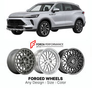 Custom forged wheels for BAIC Beijing X7 2020+. Made-to-order monoblock, 2-piece and 3-piece wheels in custom sizes, offsets, colors and finishes with guaranteed vehicle fitment.

We manufacture premium quality forged wheels rims for BAIC Beijing X7 2020+ in any design, size, color.

THIS WHEEL DESIGN CAN BE CUSTOM-MADE FOR YOUR CAR IN ANY SIZE AND COLOR OPTIONS
Available in monoblock, 2-piece, 3-piece, duoblock, beadlock
3D wheel renderings are provided according to the exact dimensions and specifications 