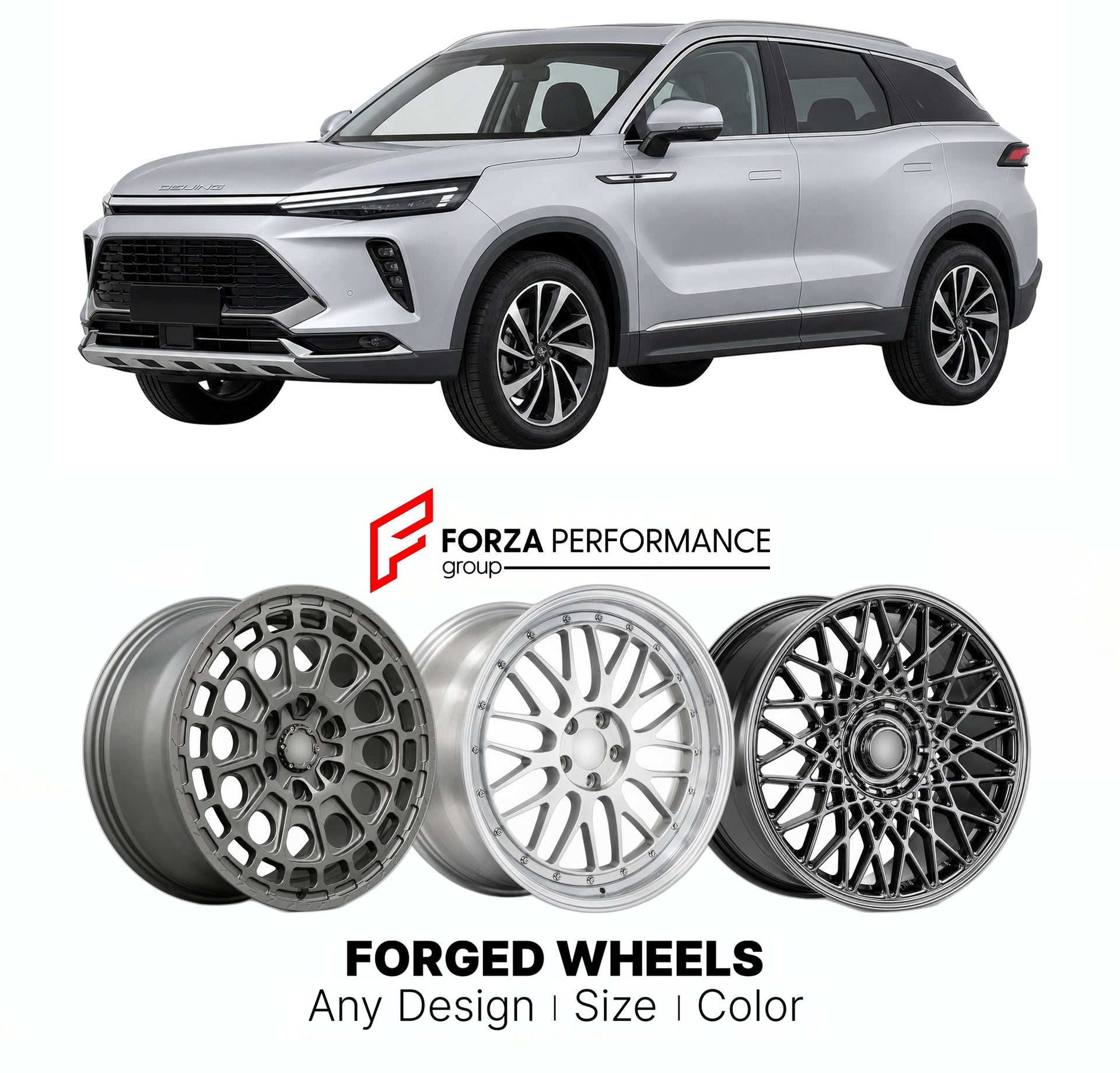 Custom forged wheels for BAIC Beijing X7 2020+. Made-to-order monoblock, 2-piece and 3-piece wheels in custom sizes, offsets, colors and finishes with guaranteed vehicle fitment.

We manufacture premium quality forged wheels rims for BAIC Beijing X7 2020+ in any design, size, color.

THIS WHEEL DESIGN CAN BE CUSTOM-MADE FOR YOUR CAR IN ANY SIZE AND COLOR OPTIONS
Available in monoblock, 2-piece, 3-piece, duoblock, beadlock
3D wheel renderings are provided according to the exact dimensions and specifications 