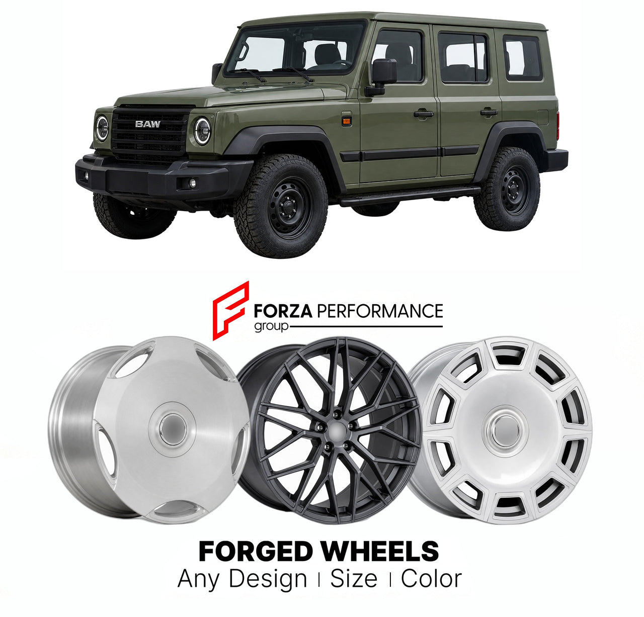 Custom forged wheels for BAW 212 T01 2024+. Made-to-order monoblock, 2-piece and 3-piece wheels in custom sizes, offsets, colors and finishes with guaranteed vehicle fitment.

We manufacture premium quality forged wheels rims for BAW 212 T01 2024+ in any design, size, color.

THIS WHEEL DESIGN CAN BE CUSTOM-MADE FOR YOUR CAR IN ANY SIZE AND COLOR OPTIONS
Available in monoblock, 2-piece, 3-piece, duoblock, beadlock
3D wheel renderings are provided according to the exact dimensions and specifications requeste