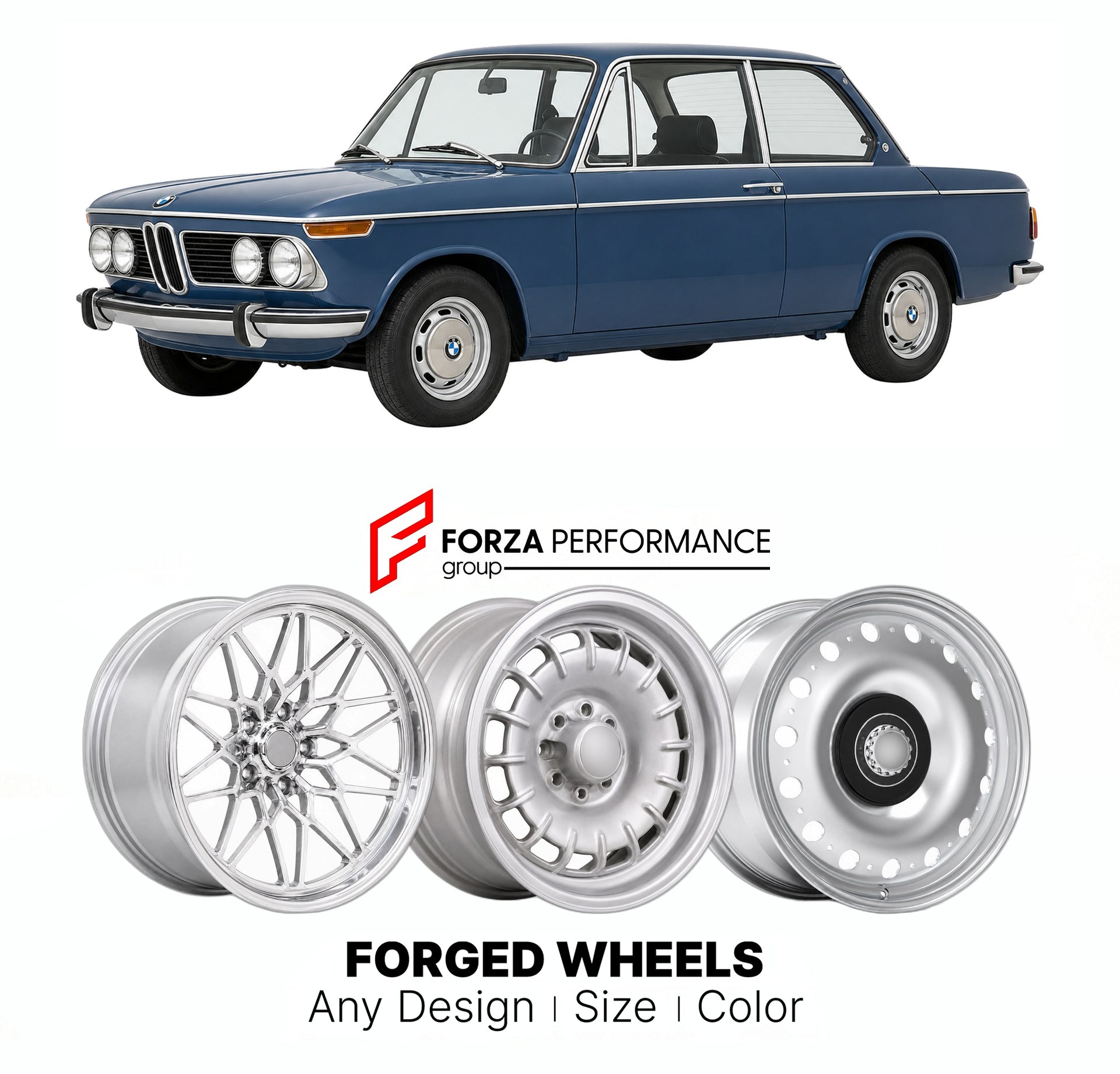 CUSTOM CLASSIC VINTAGE RESTOMOD RETRO OLD SCHOOL FORGED WHEELS RIMS for BMW 02 SERIES 1802 1971 - 1975

Custom forged wheels for BMW 02 Series 1802 1971 - 1975. Classic, vintage, restomod wheel designs made to order in custom sizes, offsets, colors and finishes.

We manufacture premium quality forged wheels rims for BMW 02 Series 1802 1971 - 1975 in any design, size, color.

THIS WHEEL DESIGN CAN BE CUSTOM-MADE FOR YOUR CAR IN ANY SIZE AND COLOR OPTIONS
Available in monoblock, 2-piece, 3-piece, duoblock, be