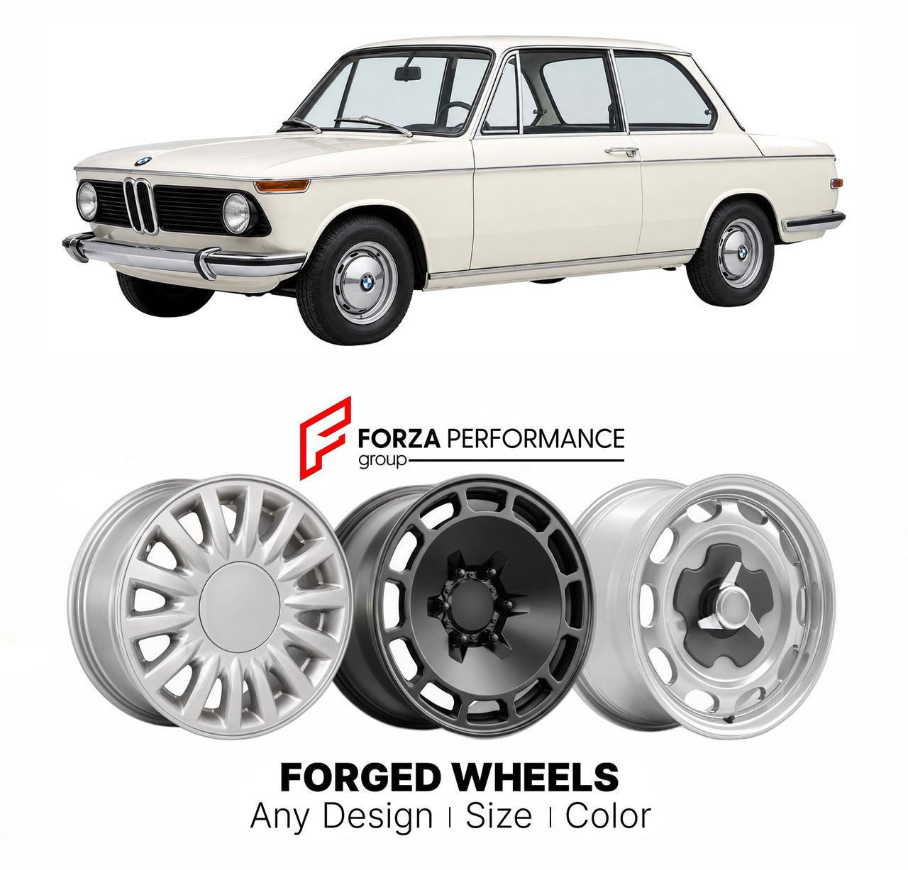 CUSTOM CLASSIC VINTAGE RESTOMOD RETRO OLD SCHOOL FORGED WHEELS RIMS for BMW 02 SERIES 2002 1968 - 1976

Custom forged wheels for BMW 02 Series 2002 1968 - 1976. Classic, vintage, restomod wheel designs made to order in custom sizes, offsets, colors and finishes.

We manufacture premium quality forged wheels rims for BMW 02 Series 2002 1968 - 1976 in any design, size, color.

THIS WHEEL DESIGN CAN BE CUSTOM-MADE FOR YOUR CAR IN ANY SIZE AND COLOR OPTIONS
Available in monoblock, 2-piece, 3-piece, duoblock, be