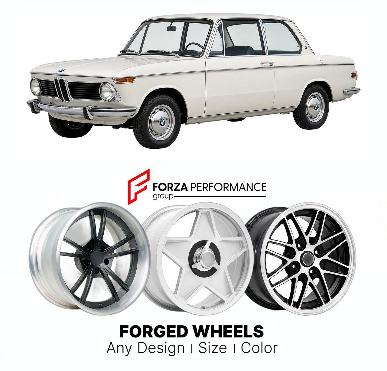 CUSTOM CLASSIC VINTAGE RESTOMOD RETRO OLD SCHOOL FORGED WHEELS RIMS for BMW 02 SERIES E10 1966 - 1977

Custom forged wheels for BMW 02 Series E10 1966 - 1977. Classic, vintage, restomod wheel designs made to order in custom sizes, offsets, colors and finishes.

We manufacture premium quality forged wheels rims for BMW 02 Series E10 1966 - 1977 in any design, size, color.

THIS WHEEL DESIGN CAN BE CUSTOM-MADE FOR YOUR CAR IN ANY SIZE AND COLOR OPTIONS
Available in monoblock, 2-piece, 3-piece, duoblock, beadl