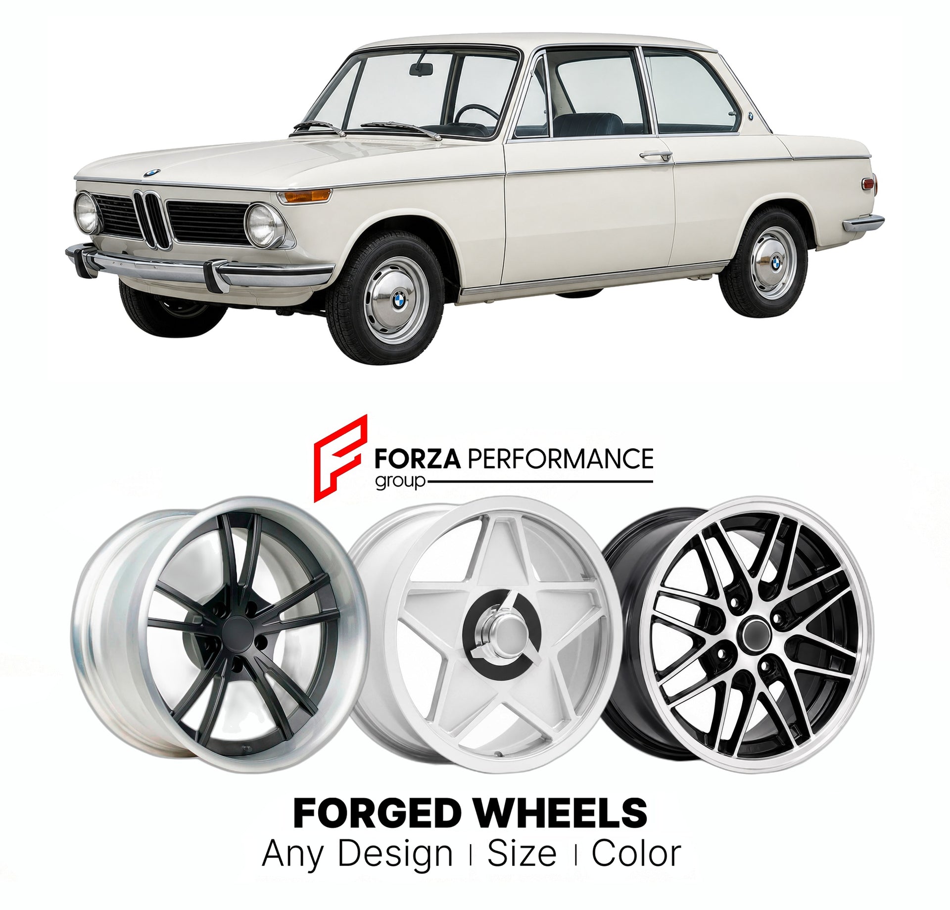 CUSTOM CLASSIC VINTAGE RESTOMOD RETRO OLD SCHOOL FORGED WHEELS RIMS for BMW 02 SERIES E10 1966 - 1977

Custom forged wheels for BMW 02 Series E10 1966 - 1977. Classic, vintage, restomod wheel designs made to order in custom sizes, offsets, colors and finishes.

We manufacture premium quality forged wheels rims for BMW 02 Series E10 1966 - 1977 in any design, size, color.

THIS WHEEL DESIGN CAN BE CUSTOM-MADE FOR YOUR CAR IN ANY SIZE AND COLOR OPTIONS
Available in monoblock, 2-piece, 3-piece, duoblock, beadl