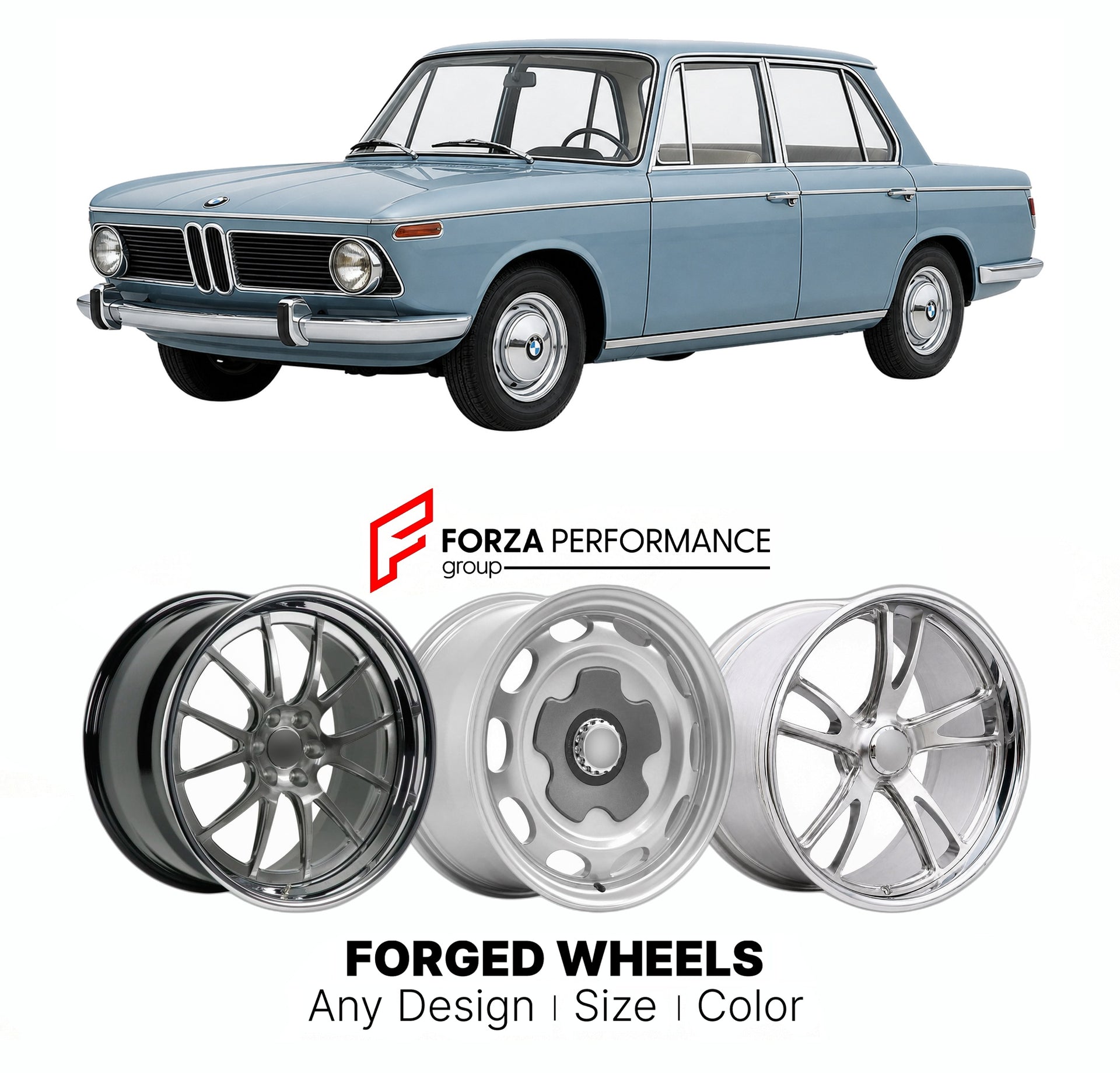 CUSTOM CLASSIC VINTAGE RESTOMOD RETRO OLD SCHOOL FORGED WHEELS RIMS for BMW 1500 1600 1800 2000 NEUE KLASSE 1962 - 1972

Custom forged wheels for BMW 1500 1600 1800 2000 Neue Klasse 1962 - 1972. Classic, vintage, restomod wheel designs made to order in custom sizes, offsets, colors and finishes.

We manufacture premium quality forged wheels rims for BMW 1500 1600 1800 2000 Neue Klasse 1962 - 1972 in any design, size, color.

THIS WHEEL DESIGN CAN BE CUSTOM-MADE FOR YOUR CAR IN ANY SIZE AND COLOR OPTIONS
Ava